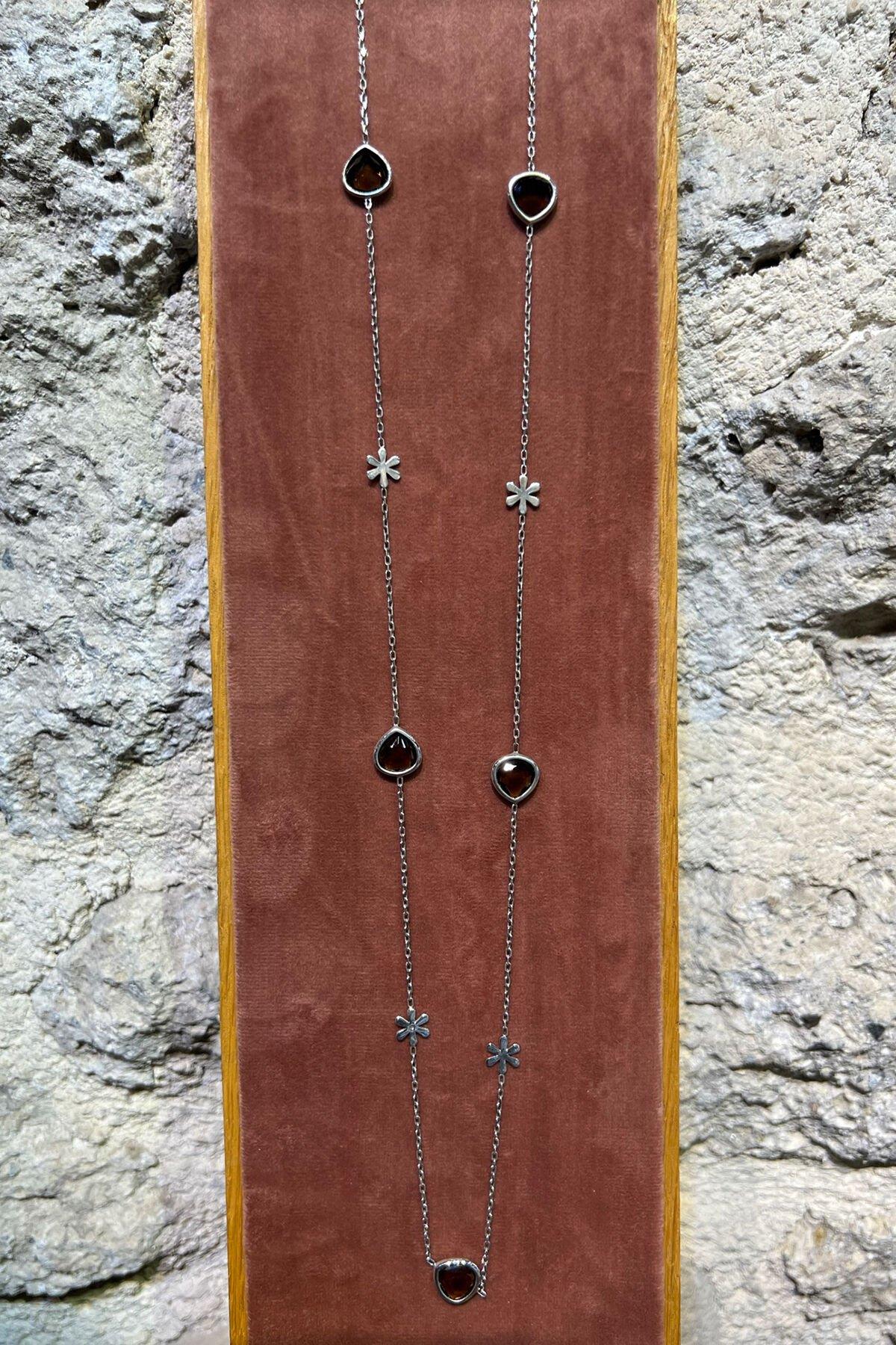 Taşlı Çiçekli Gümüş Kolye By-6287