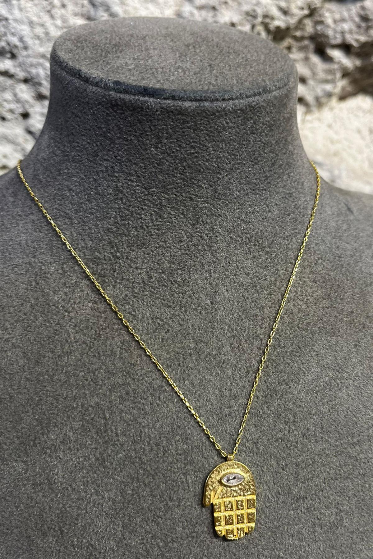 Taşlı Fatma Ana Eli Gümüş Kolye By-8734