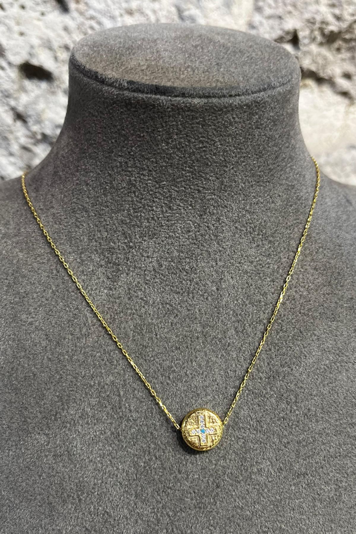 Taşlı Göz Model Çift Taraflı Gümüş Kolye By-8721