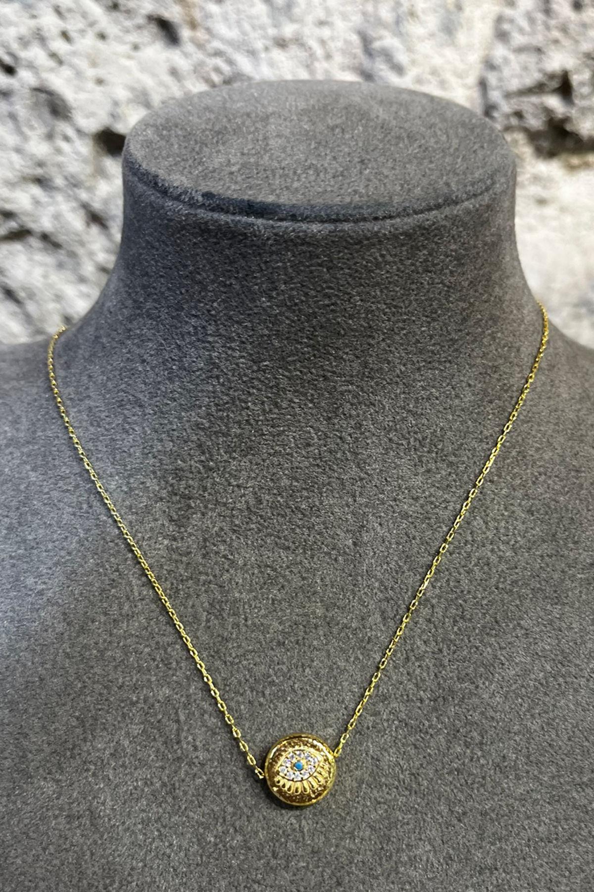 Taşlı Göz Model Çift Taraflı Gümüş Kolye By-8721