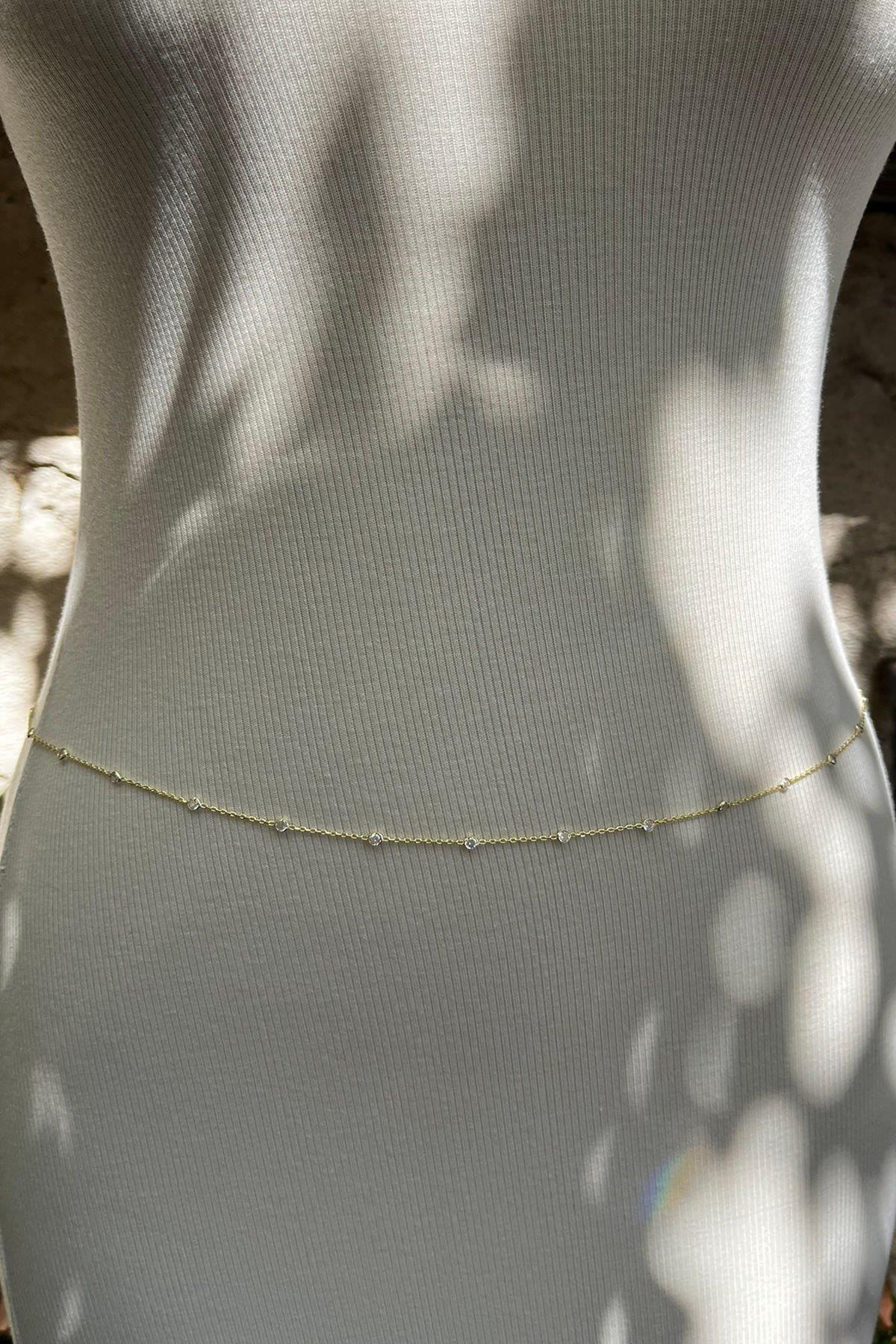 Taşlı Gümüş Bel Zinciri 102 cm By-8558