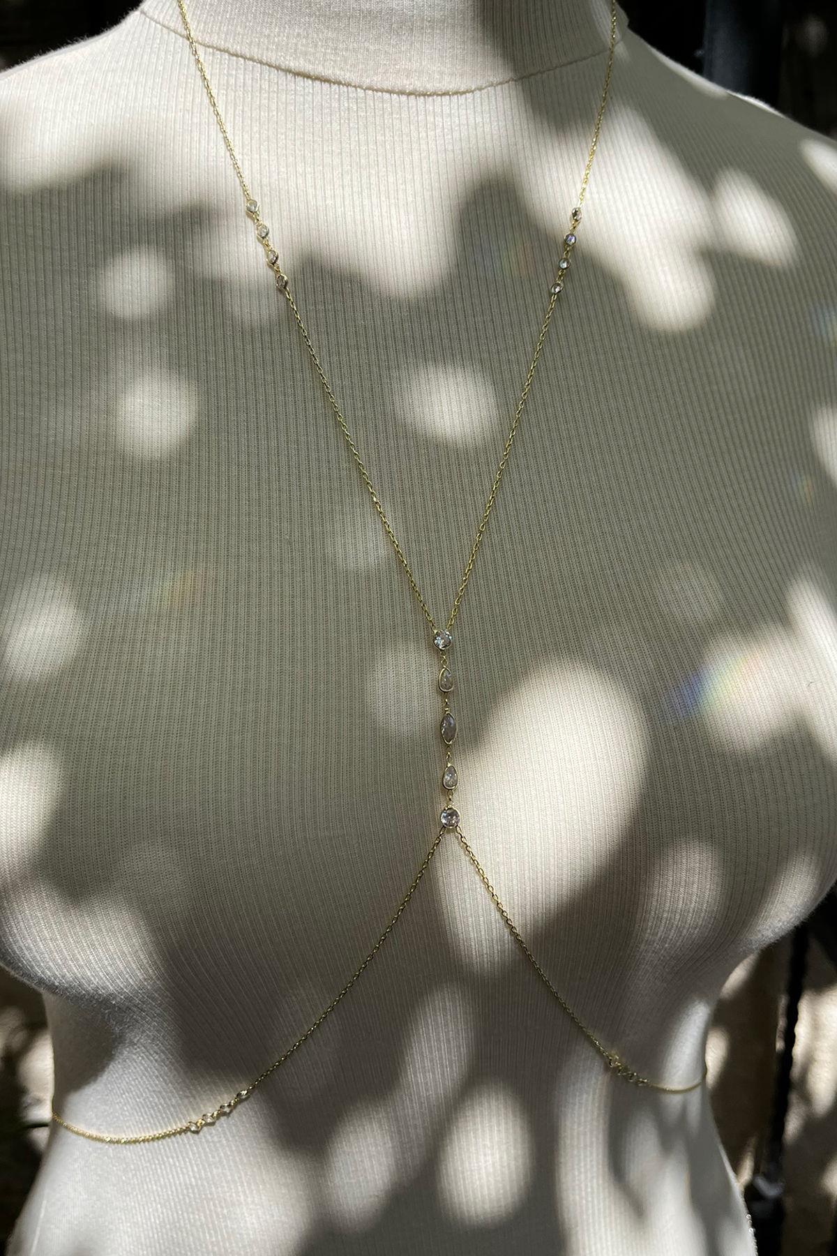 Taşlı Gümüş Vücut Zinciri By-8554