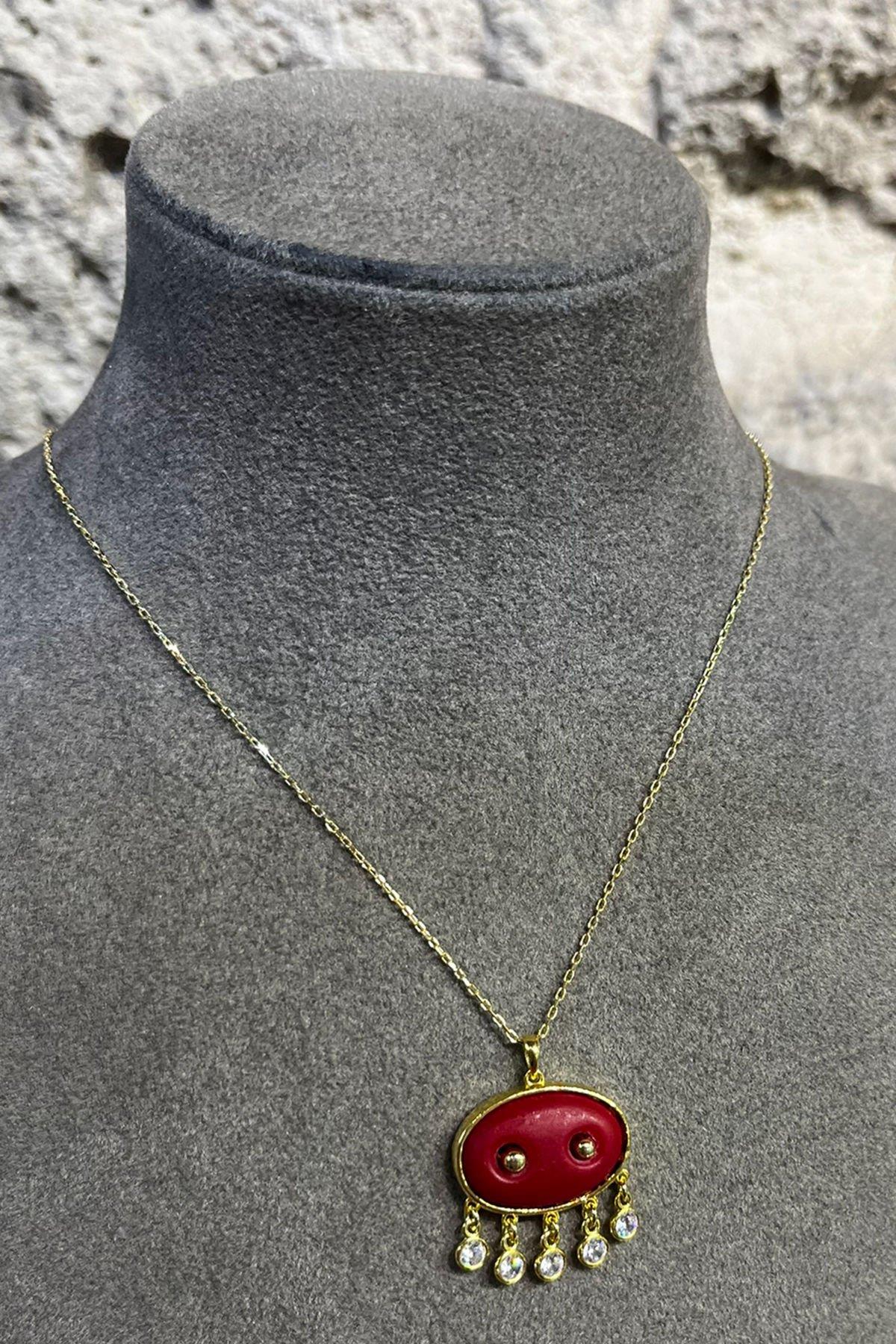 Taşlı Kırmızı Gümüş Kolye By-8733