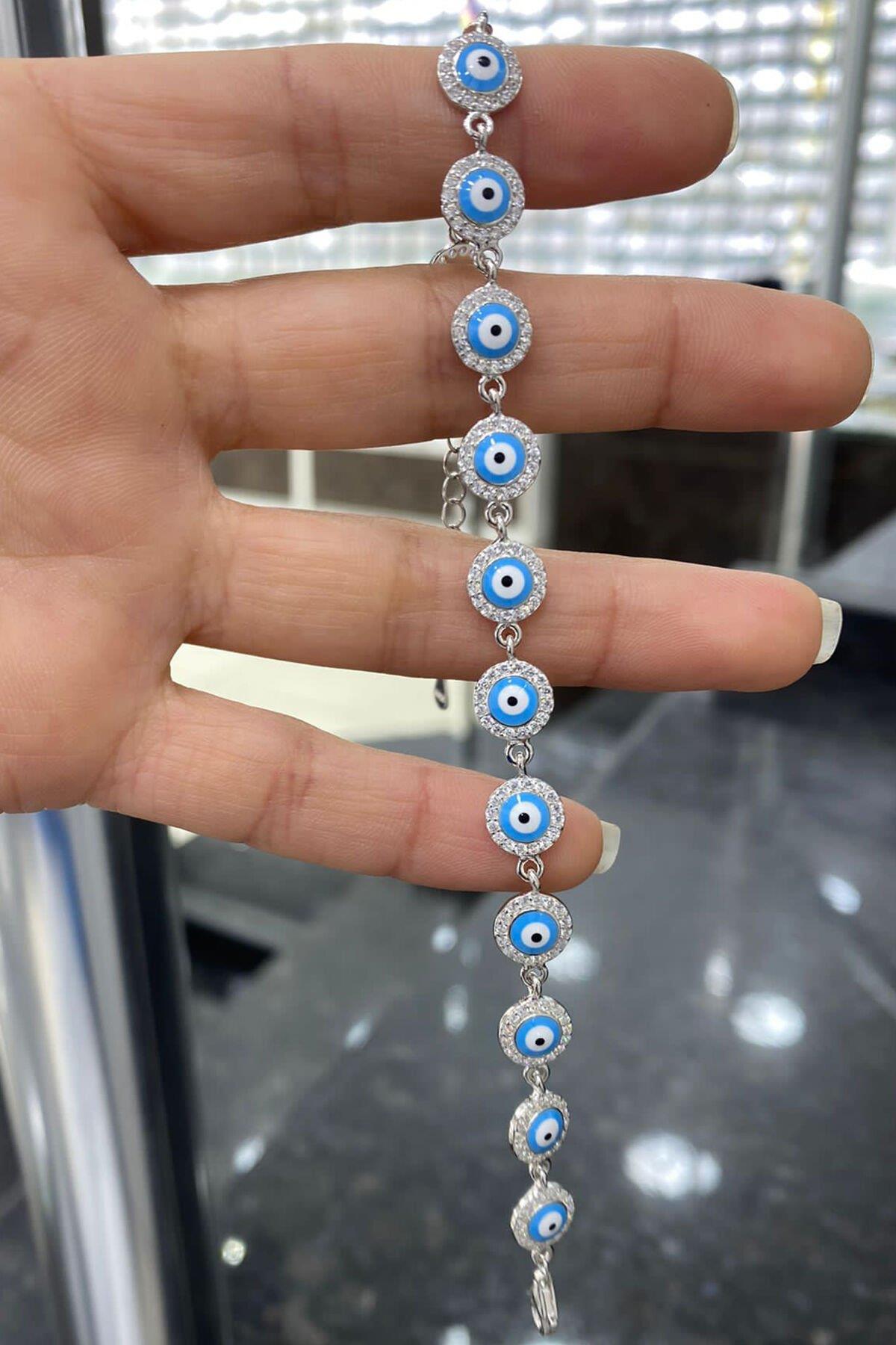 Taşlı Nazar Boncuklu Gümüş Bileklik By-7040