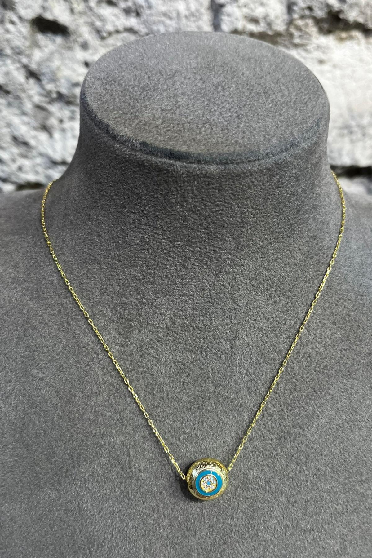 Taşlı Nazar Model Çift Taraflı Gümüş Kolye By-8719