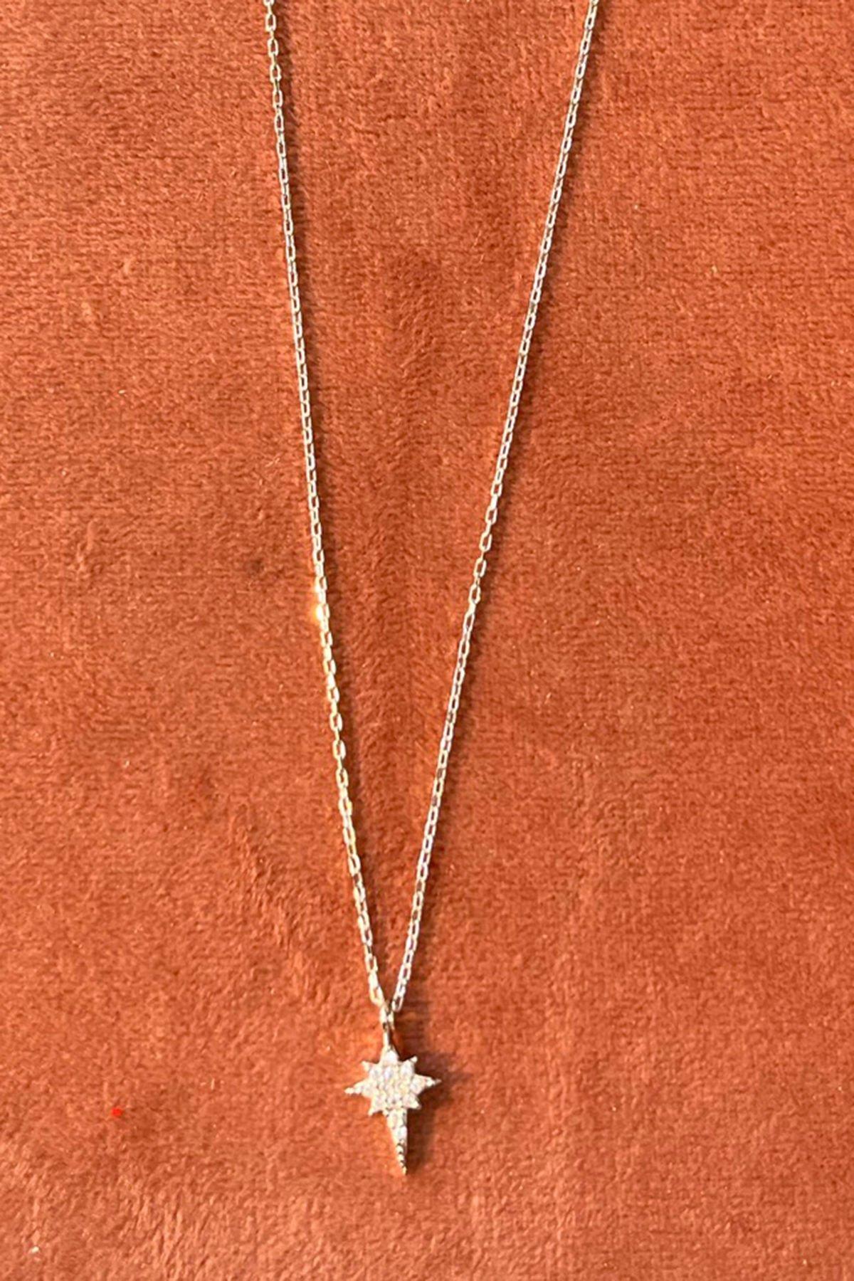 Taşlı Yıldız Desenli Gümüş Kolye By-7719