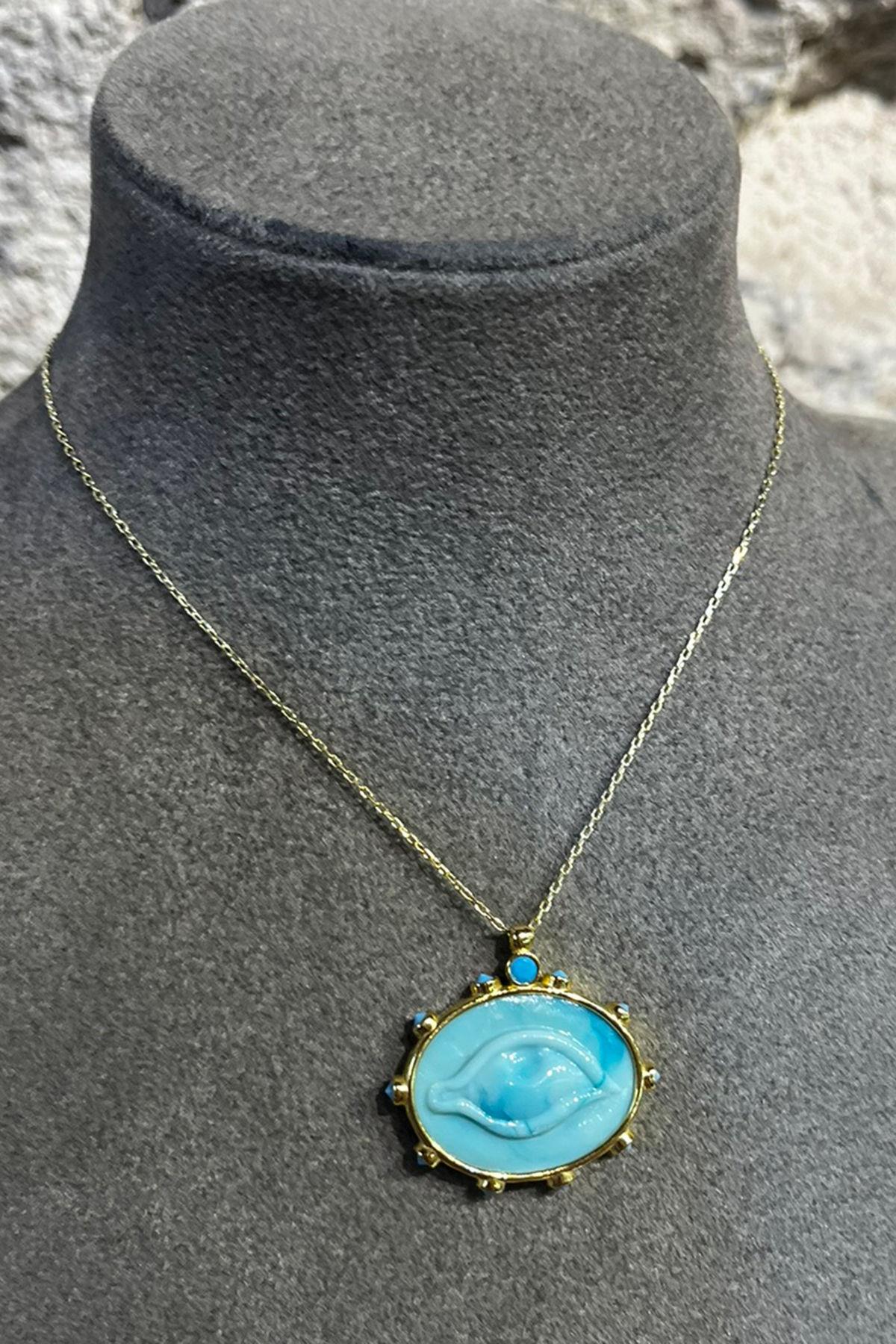 Turkuaz Eskitme Cam Göz Model Gümüş Kolye By-8730