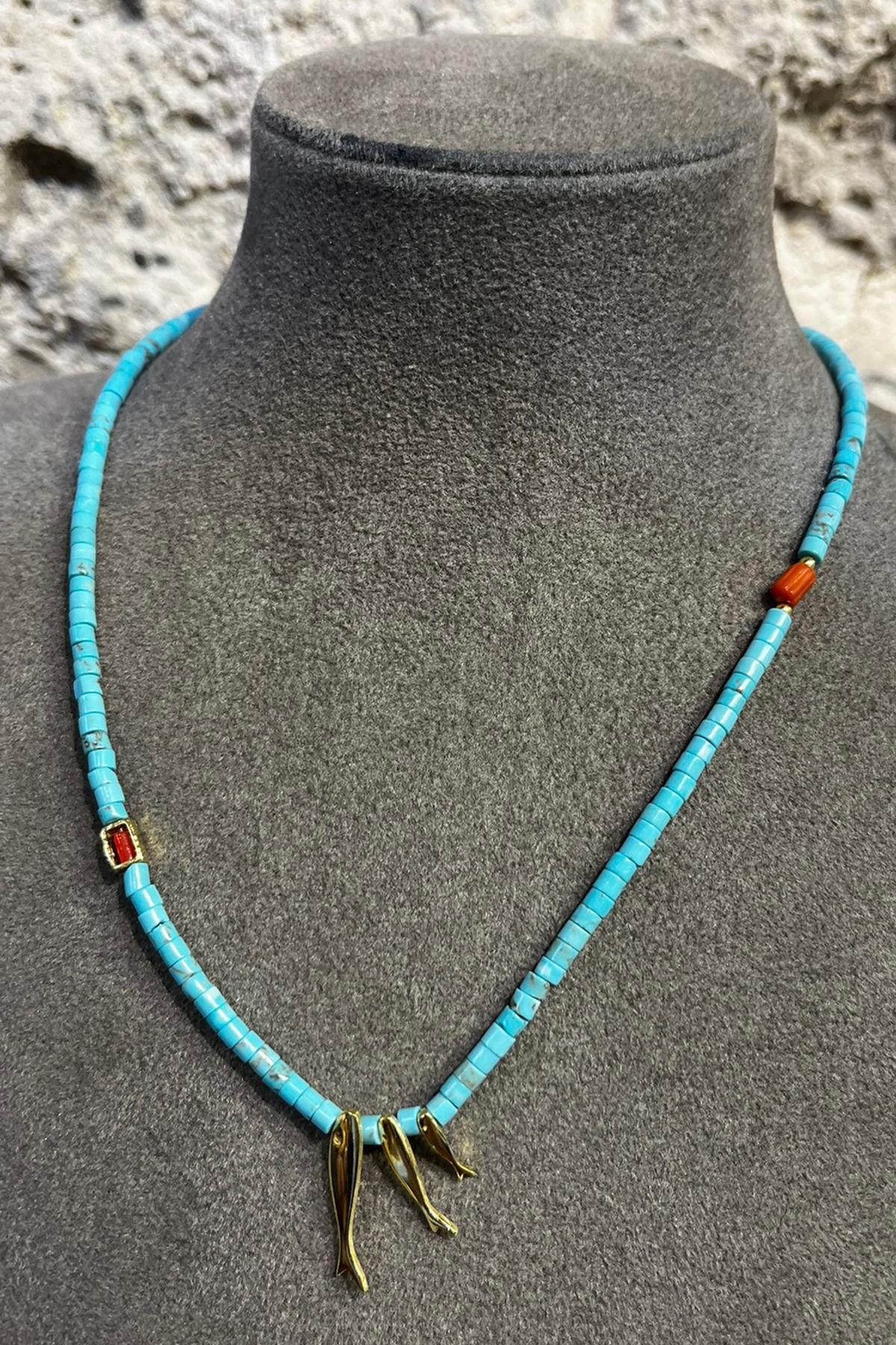 Turkuaz Taşlı Balık Model Gümüş Kolye By-8697