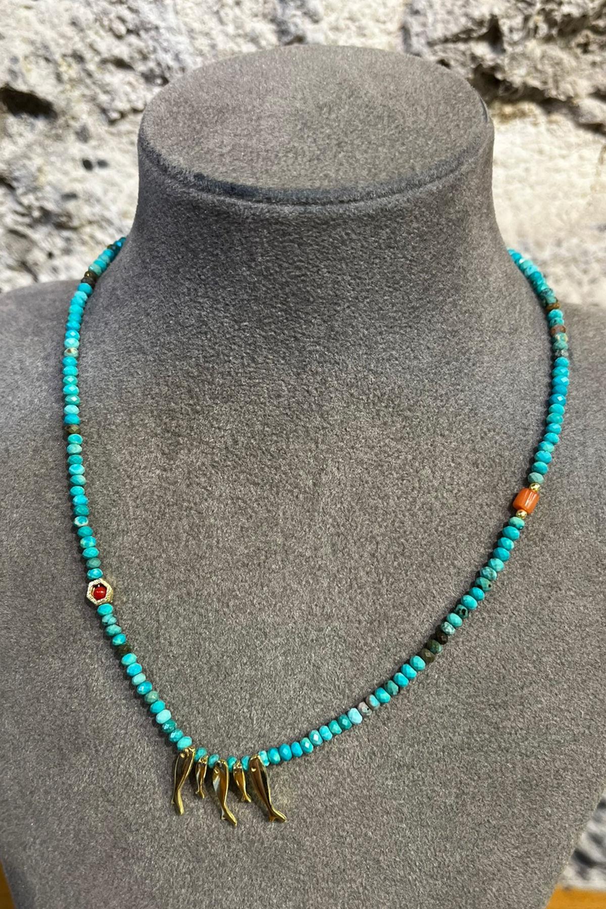 Turkuaz Taşlı Balık Model Gümüş Kolye By-8705