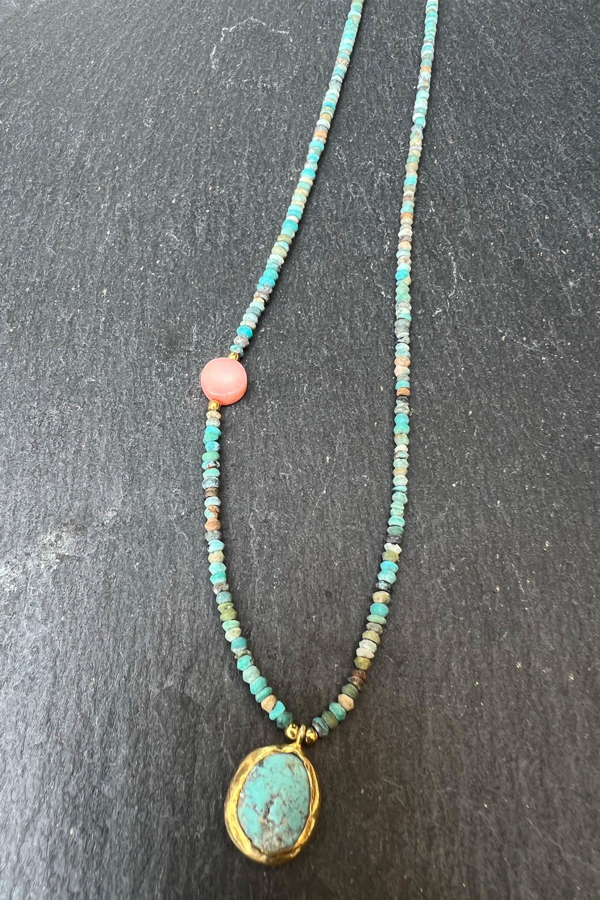 Turkuaz Taşlı Boncuklu Gümüş Kolye By-6372