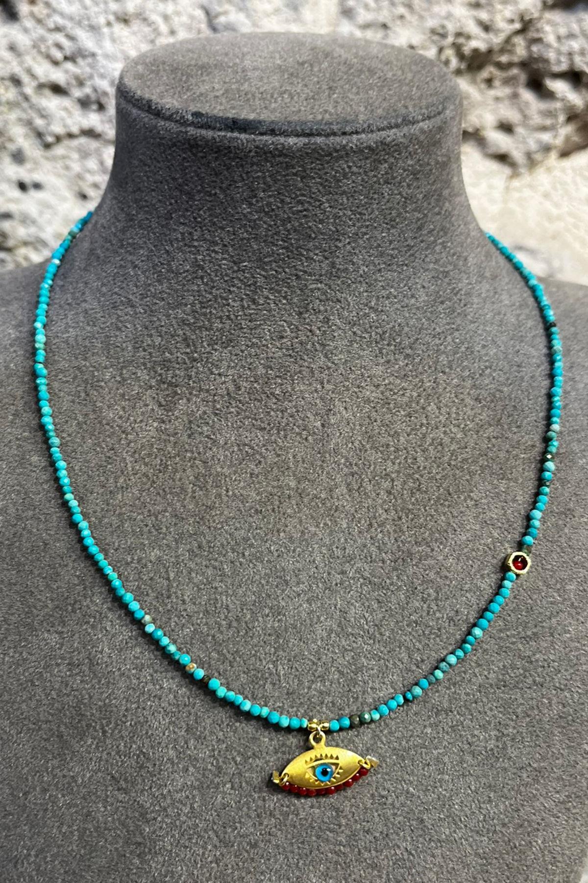Turkuaz Taşlı Göz Model Gümüş Kolye  By-8703