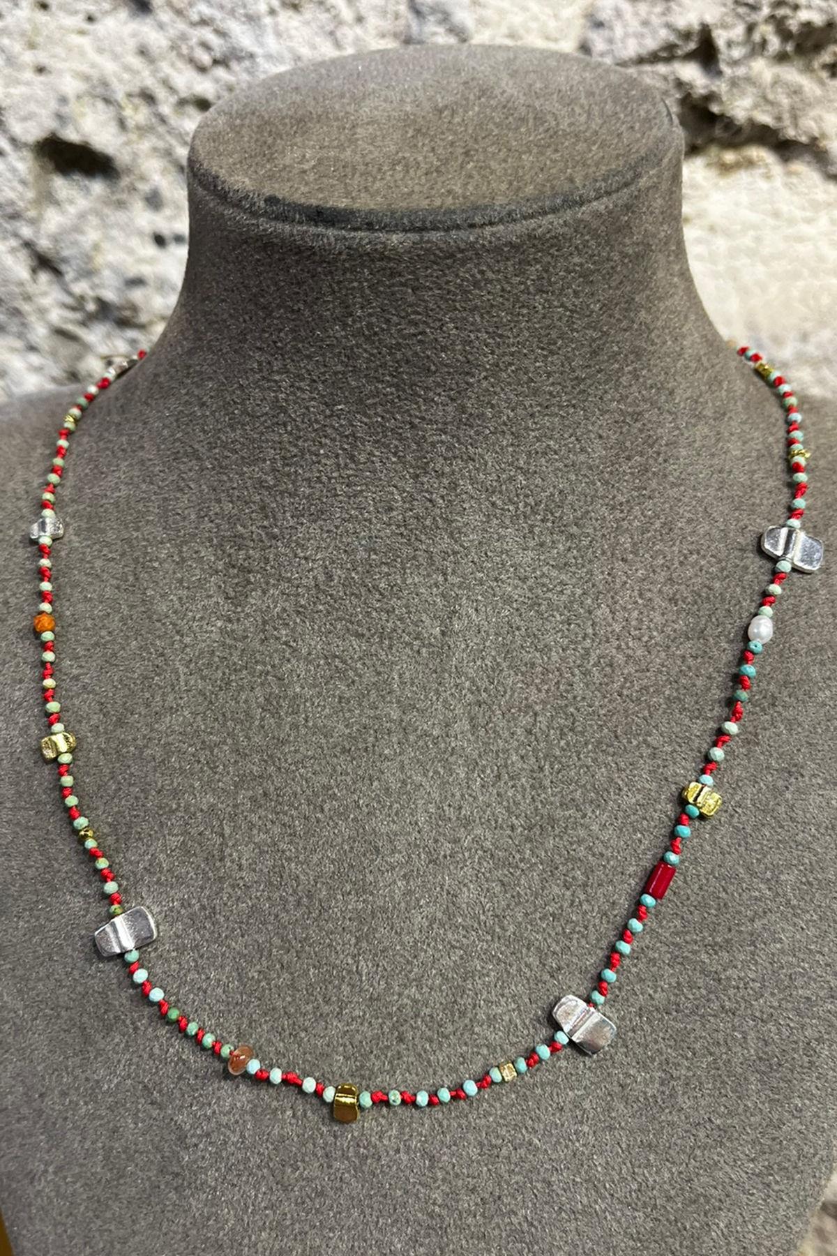 Turkuaz Taşlı İpli Gümüş Kolye By-8688