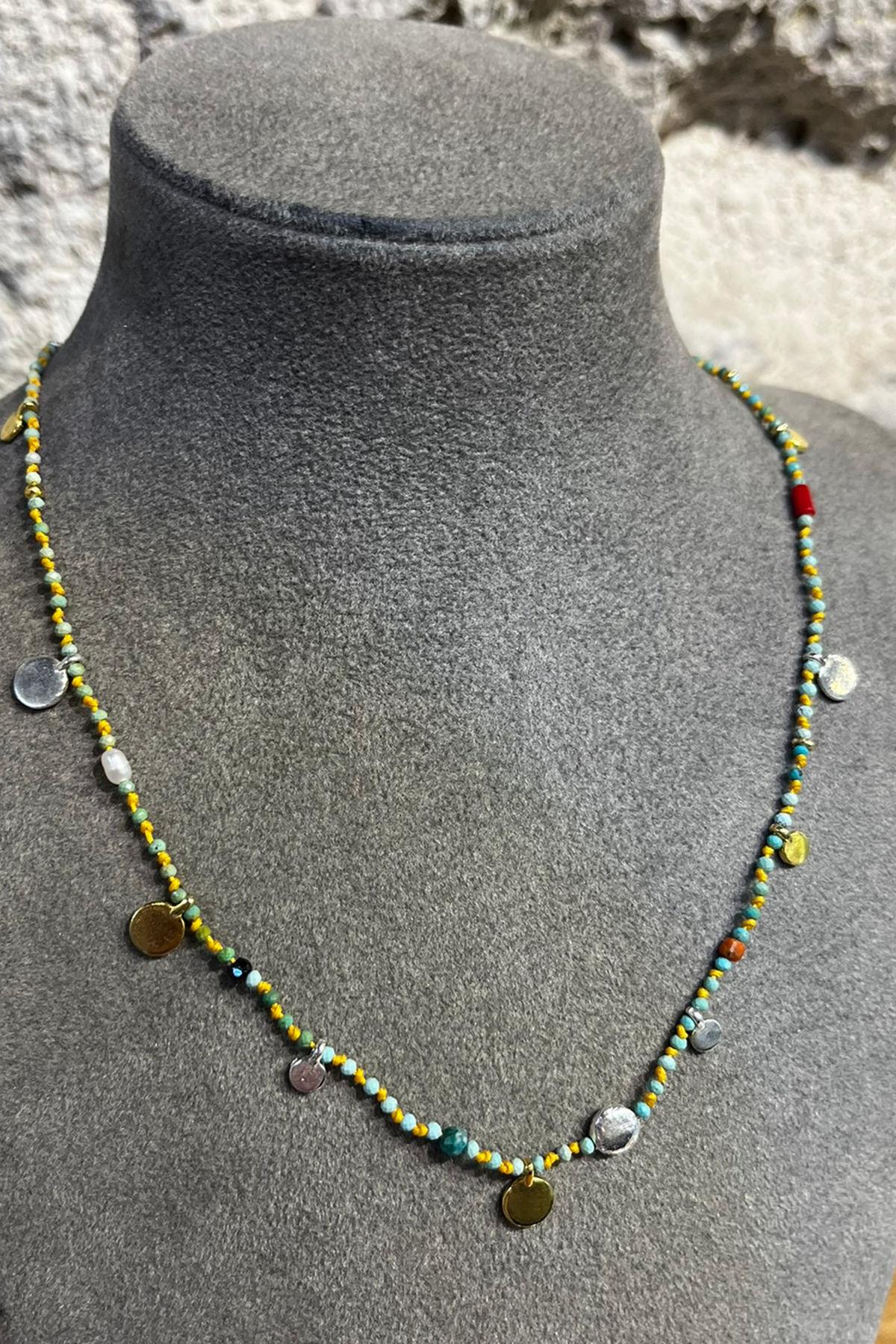 Turkuaz Taşlı İpli Gümüş Kolye By-8699