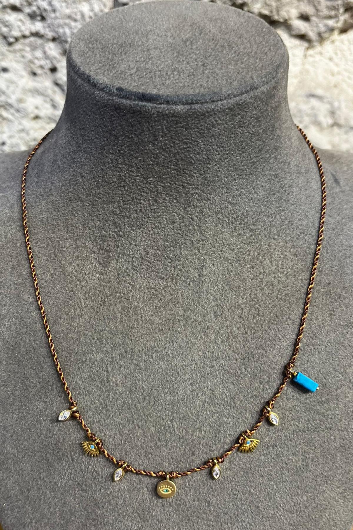 Turkuaz Taşlı İpli Gümüş Kolye By-8707