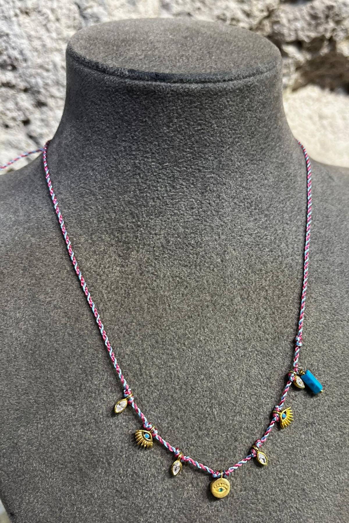 Turkuaz Taşlı İpli Gümüş Kolye By-8708