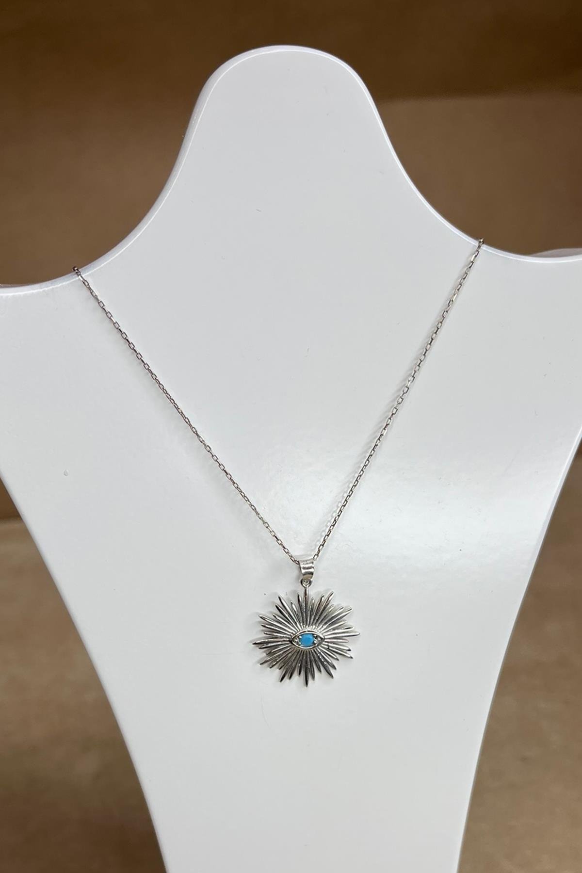 Turkuaz Taşlı Yuvarlak Model Gümüş Kolye By-8967