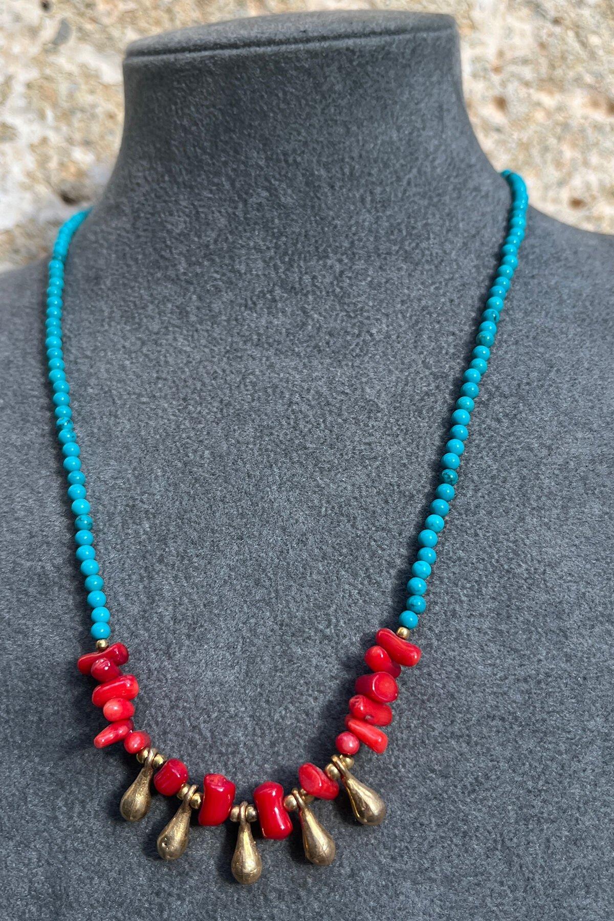 Turkuaz Ve Mercan Taşlı Gümüş Kolye By-7970