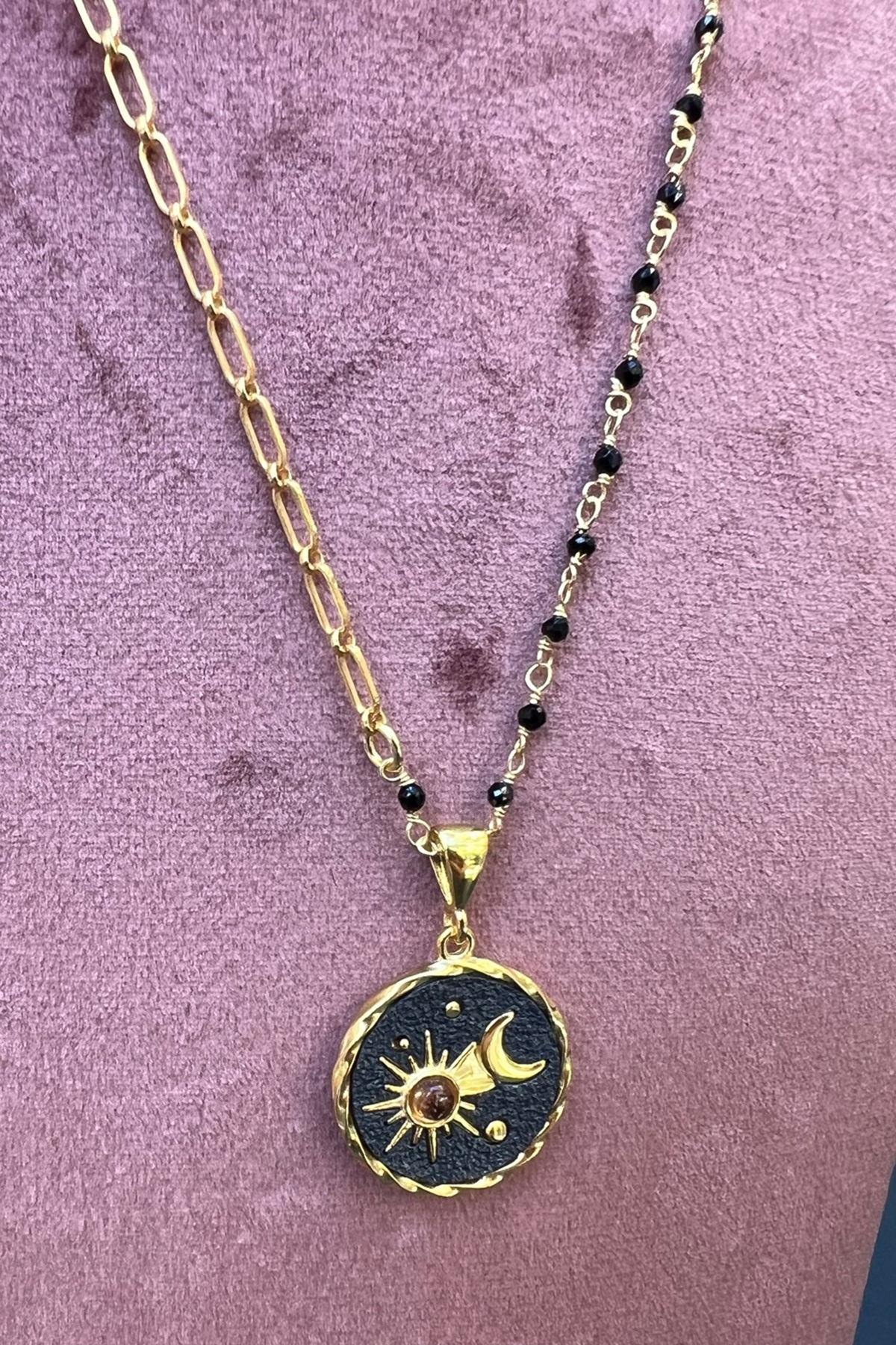 Turmalin Taşlı Ay Desenli Gümüş Kolye By-7067