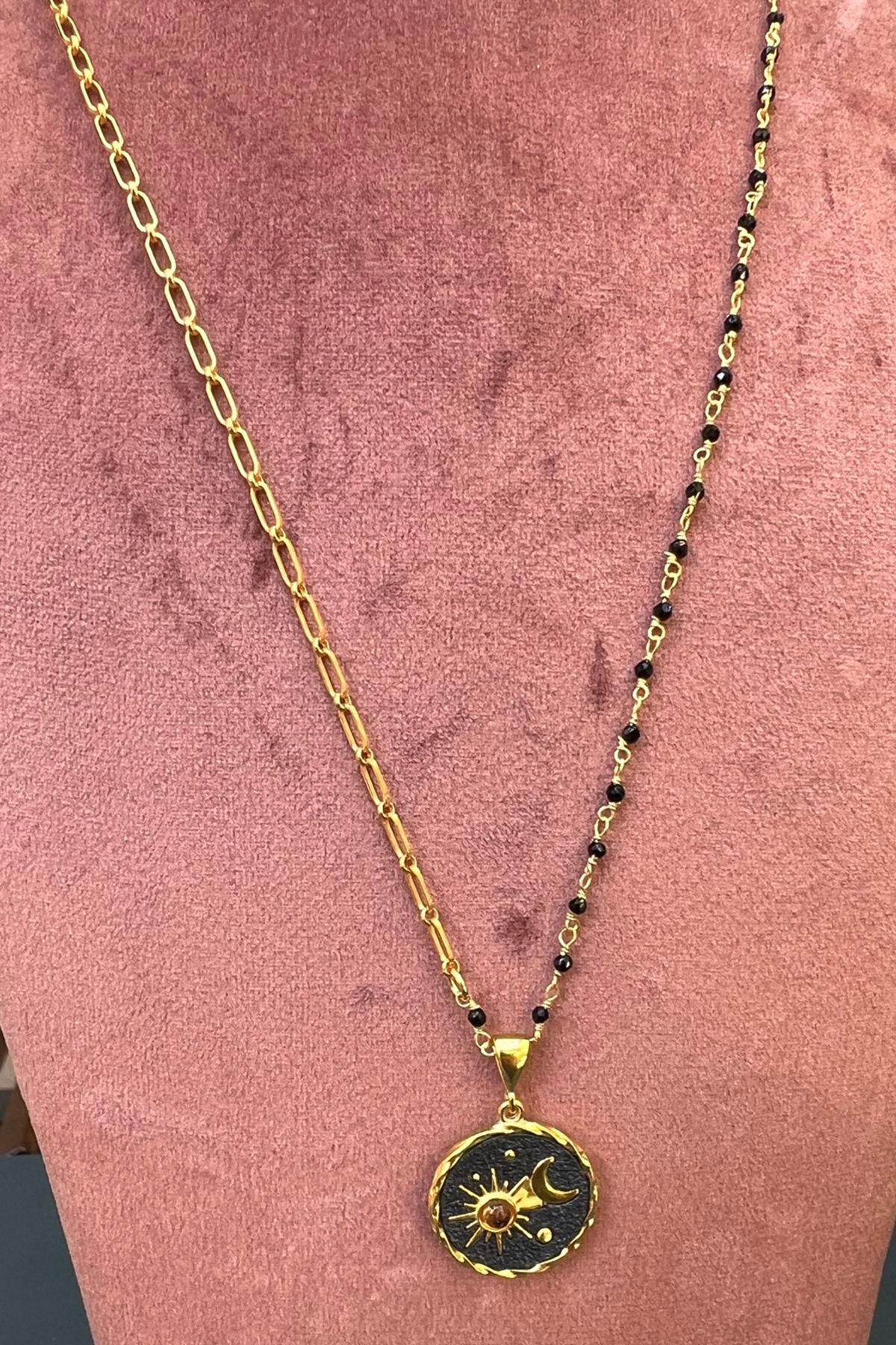 Turmalin Taşlı Ay Desenli Gümüş Kolye By-7067