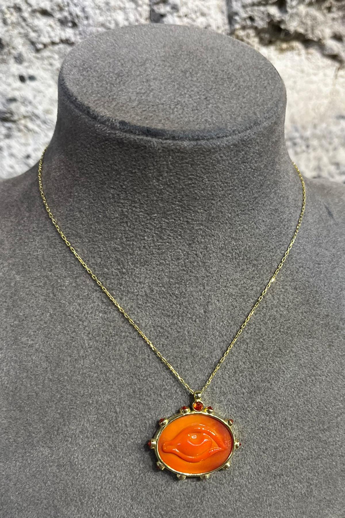 Turuncu Eskitme Cam Göz Model Gümüş Kolye By-8729