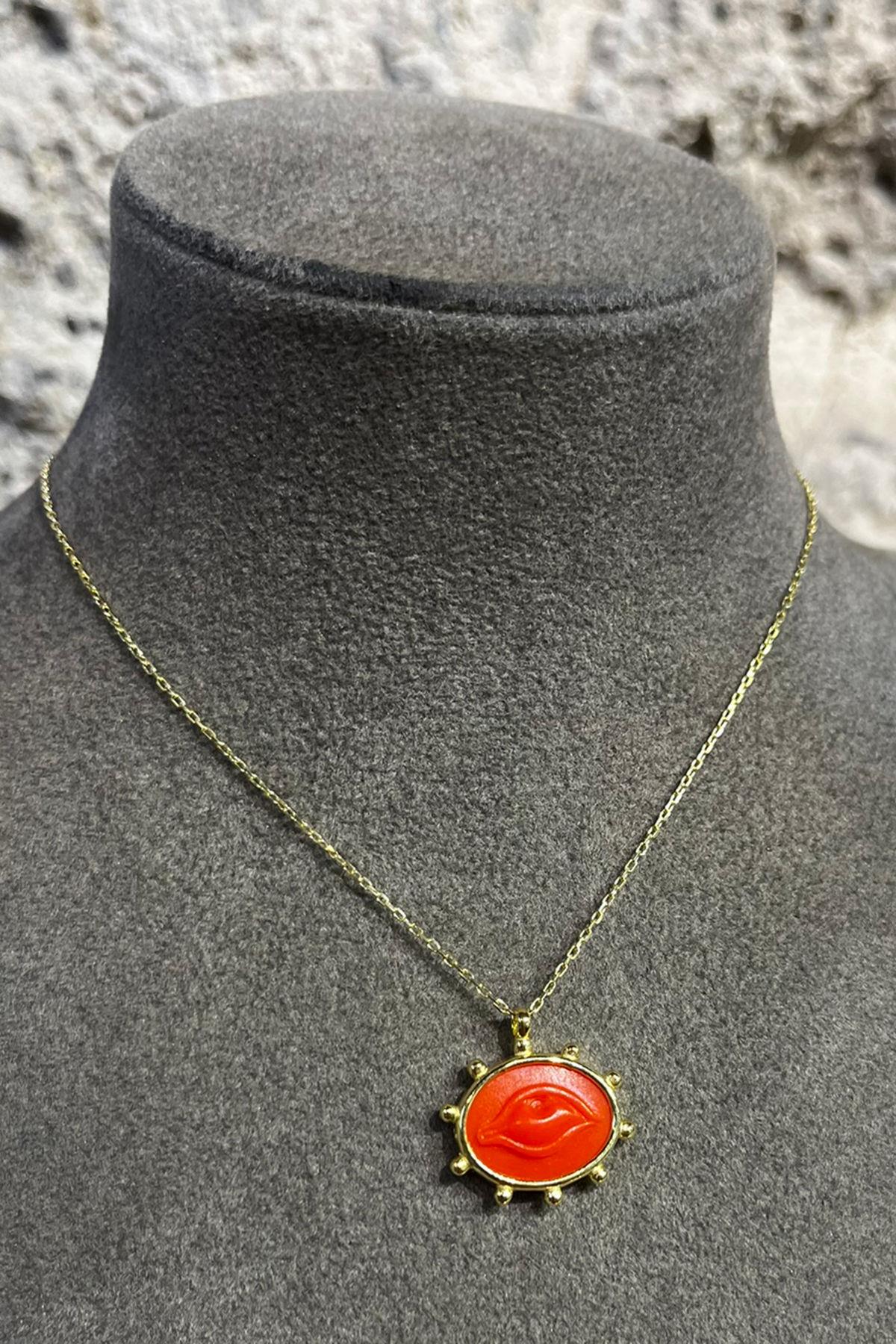 Turuncu Eskitme Cam Göz Model Gümüş Kolye By-8725