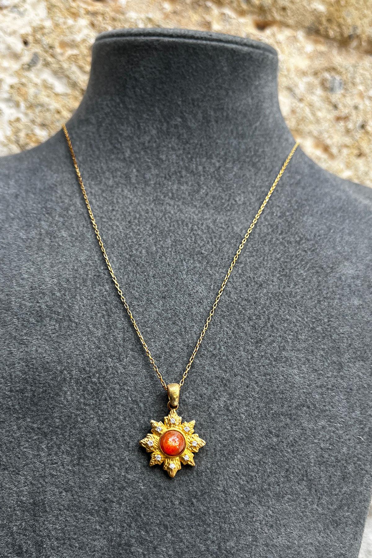 Turuncu Taşlı Çiçek Model Gümüş Kolye By-7856