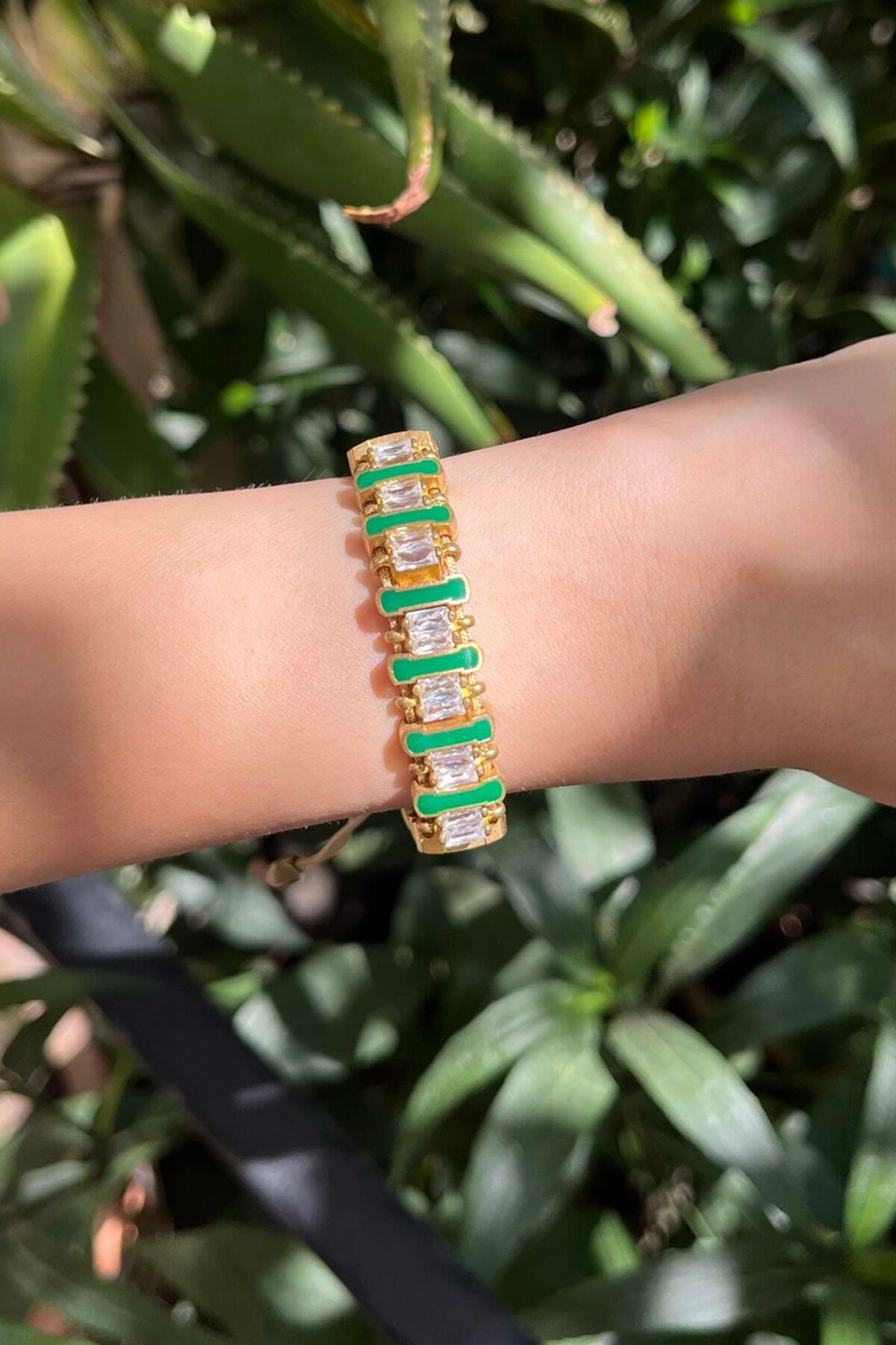 Yeşil Baget Taşlı Bronz Bileklik By-7570