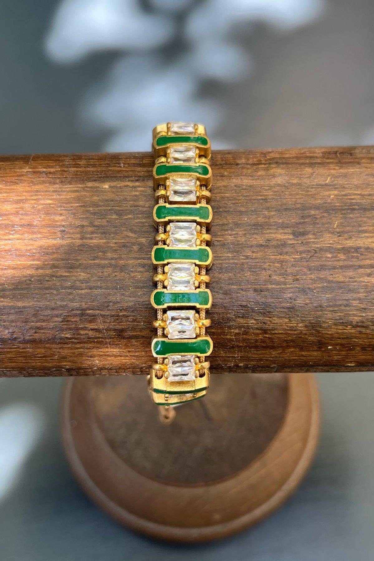 Yeşil Baget Taşlı Bronz Bileklik By-7570