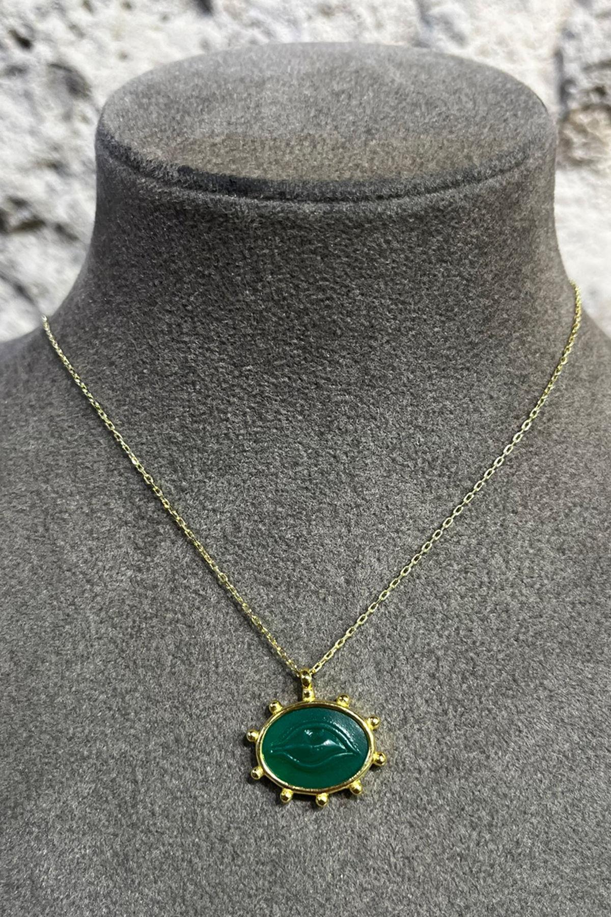 Yeşil Eskitme Cam Göz Model Gümüş Kolye By-8727