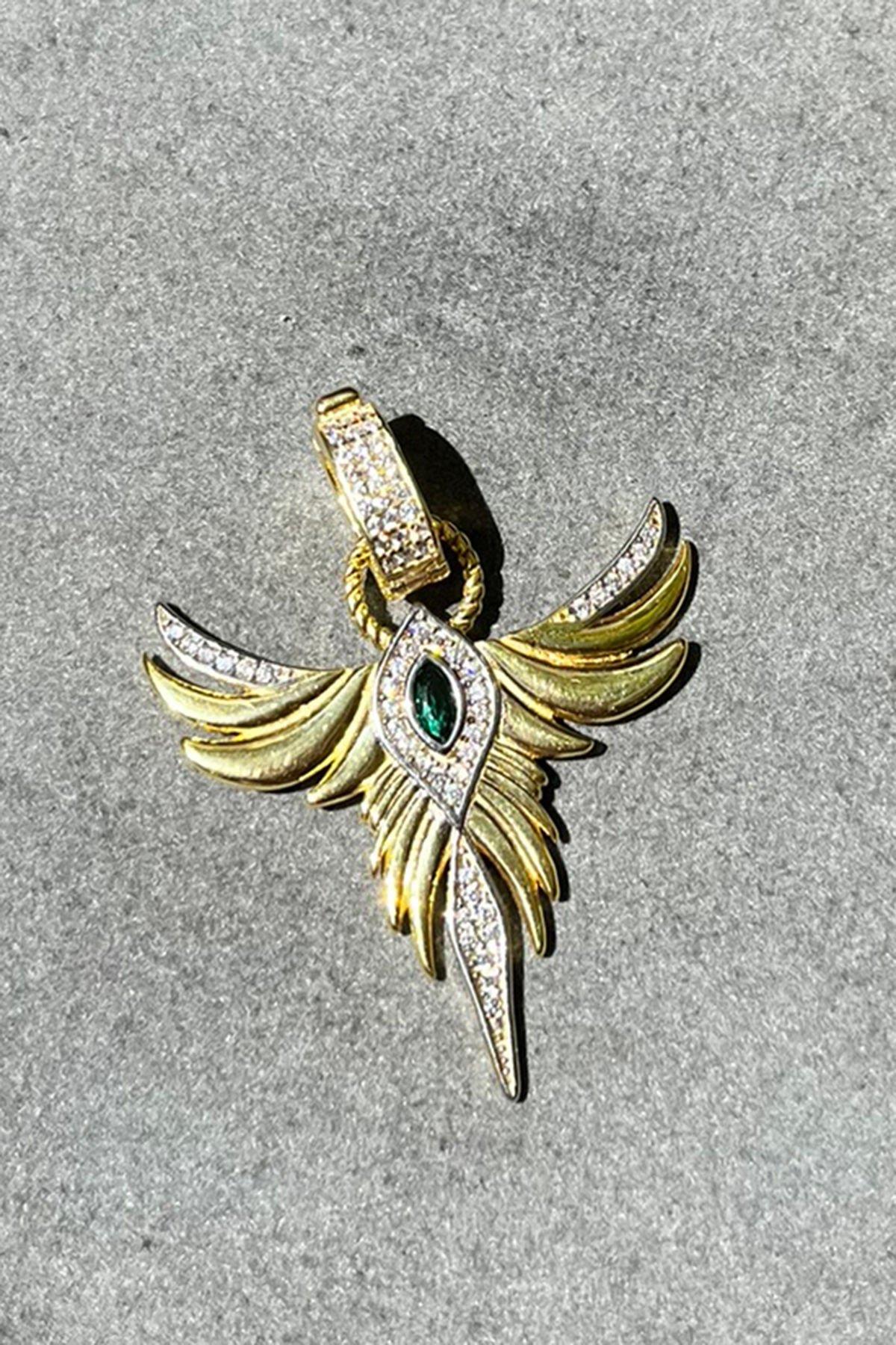 Yeşil Taşlı Kanat Model Gümüş Kolye Ucu By-8496