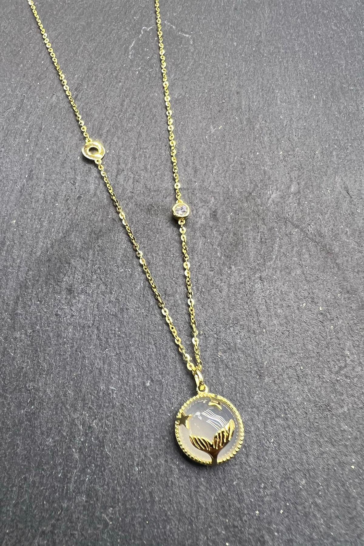 Yuvarlak Beyaz Taşlı Gümüş Kolye By-5954