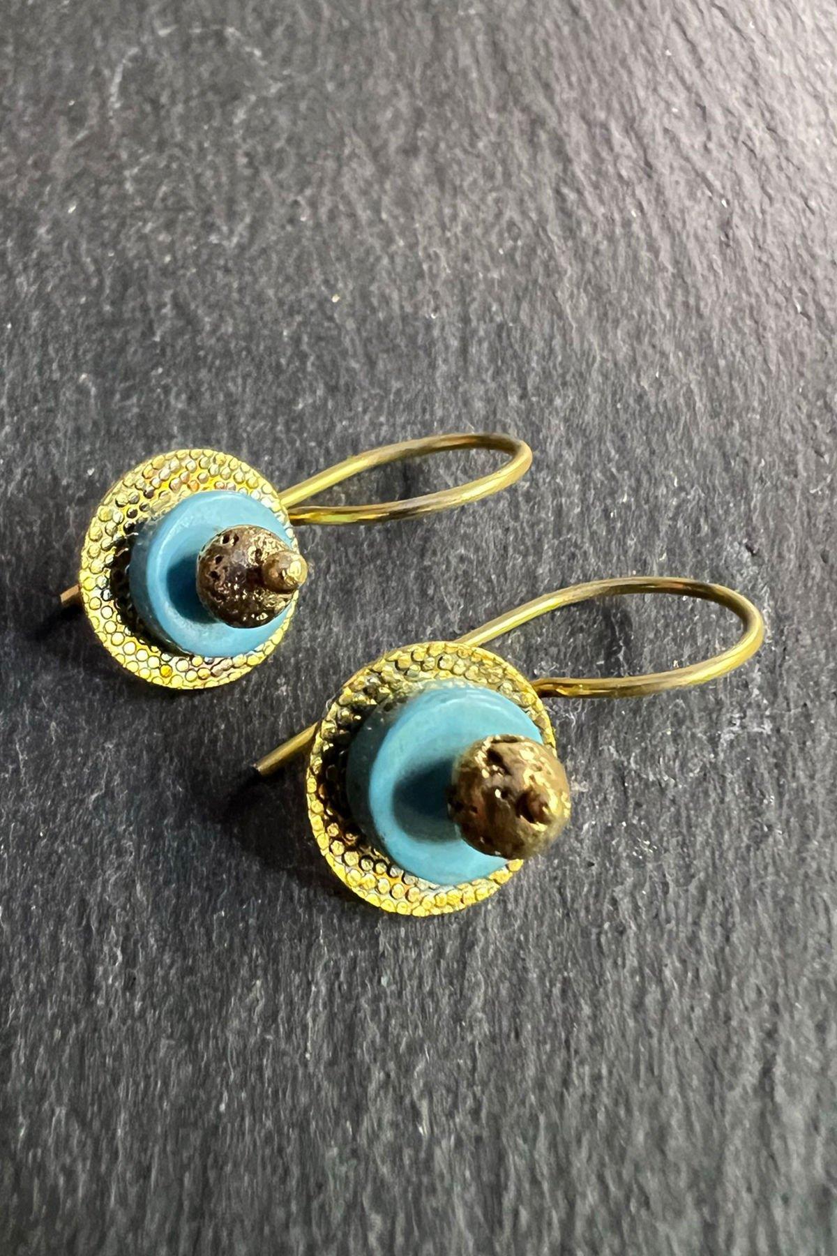 Yuvarlak Turkuaz Taşlı Gümüş Küpe By-6432