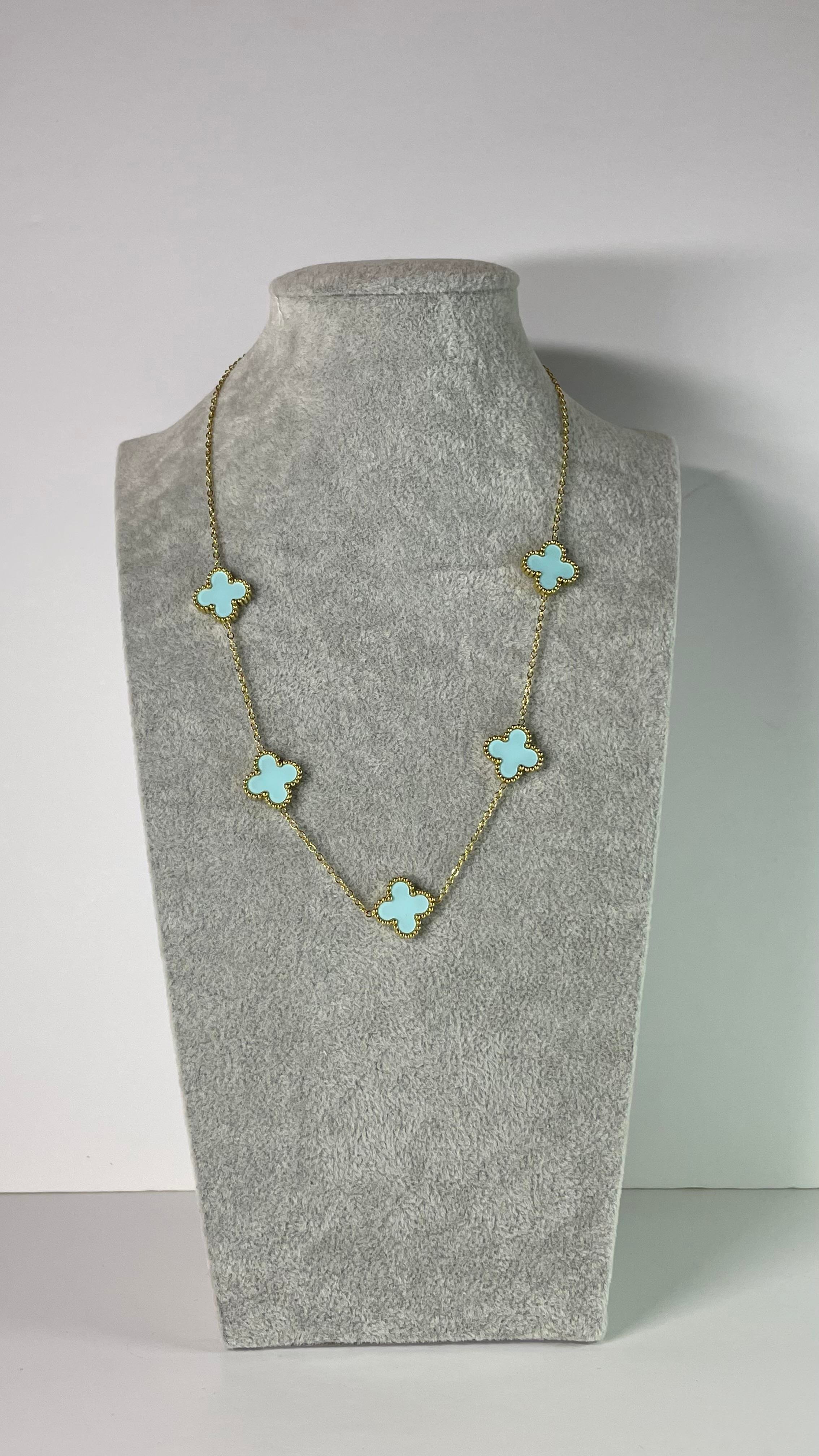 Çelik Açık Mavi Yonca Kolye