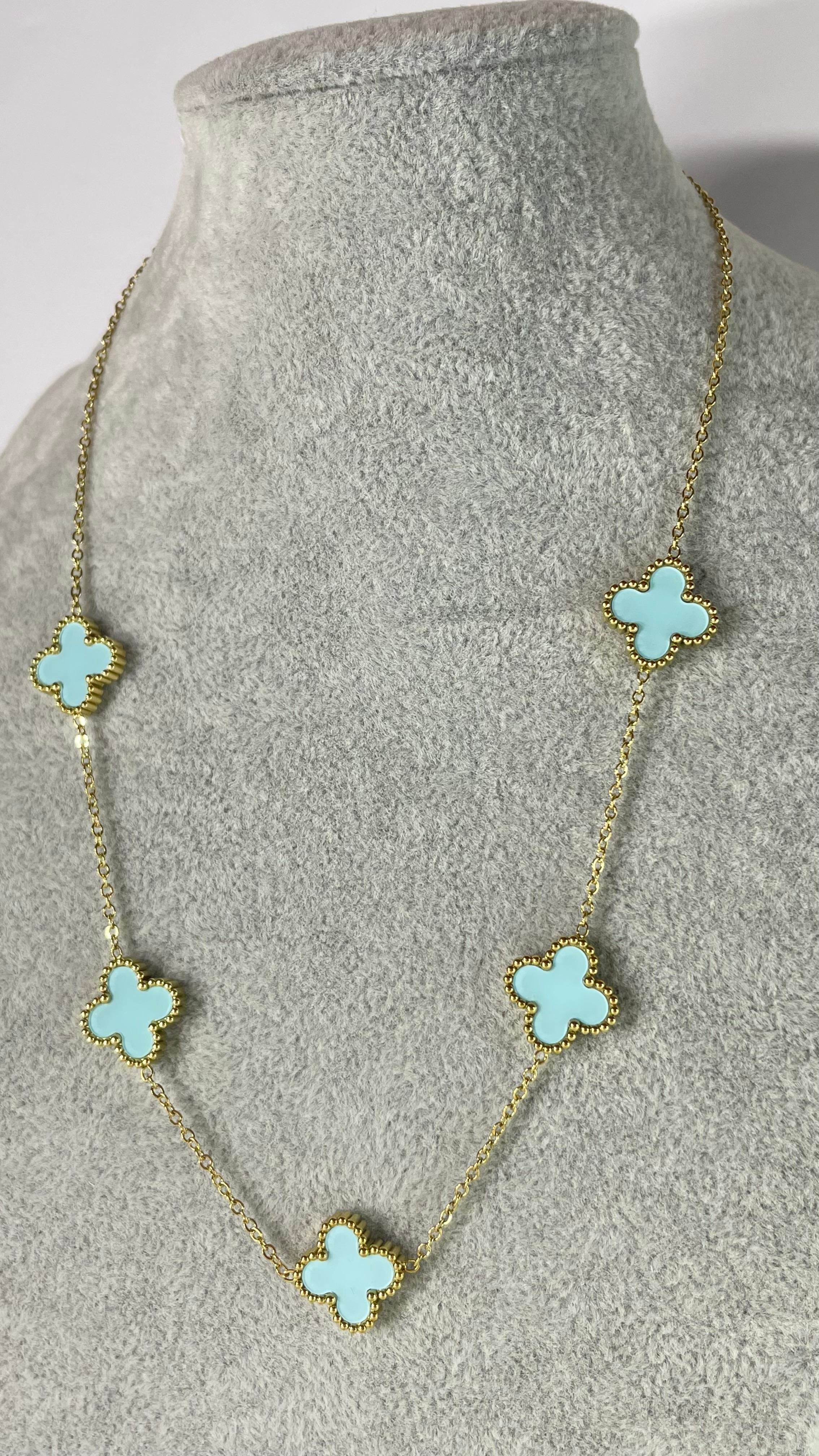 Çelik Açık Mavi Yonca Kolye