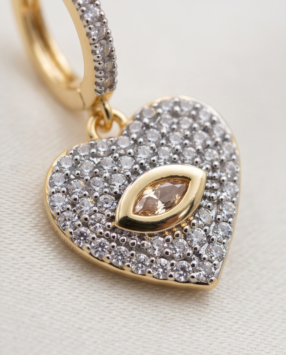 Full Taşlı Kalp Gold Küpe