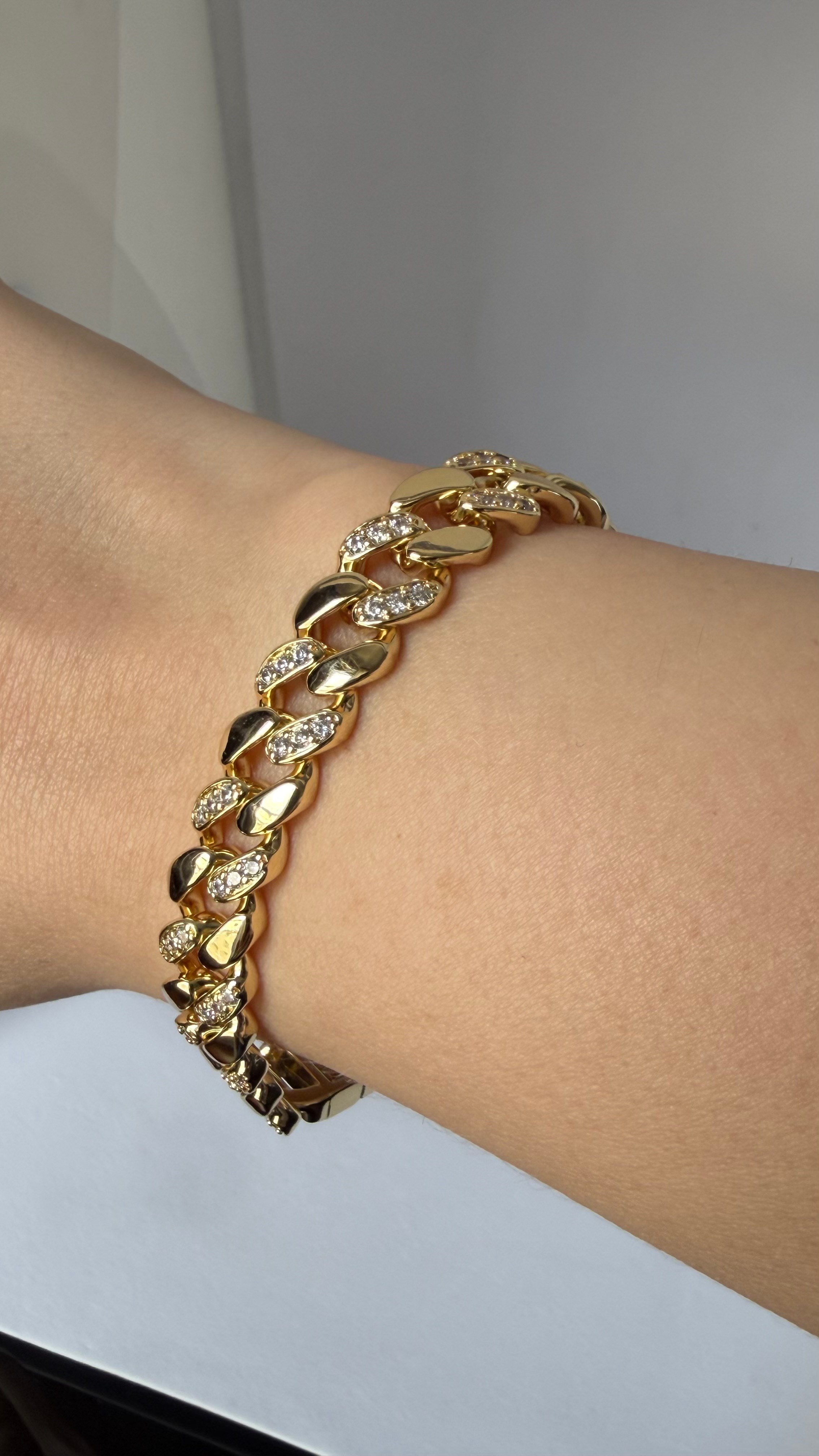 Gold Gurmet 14K Kilit Uzun full Taşlı Bileklik