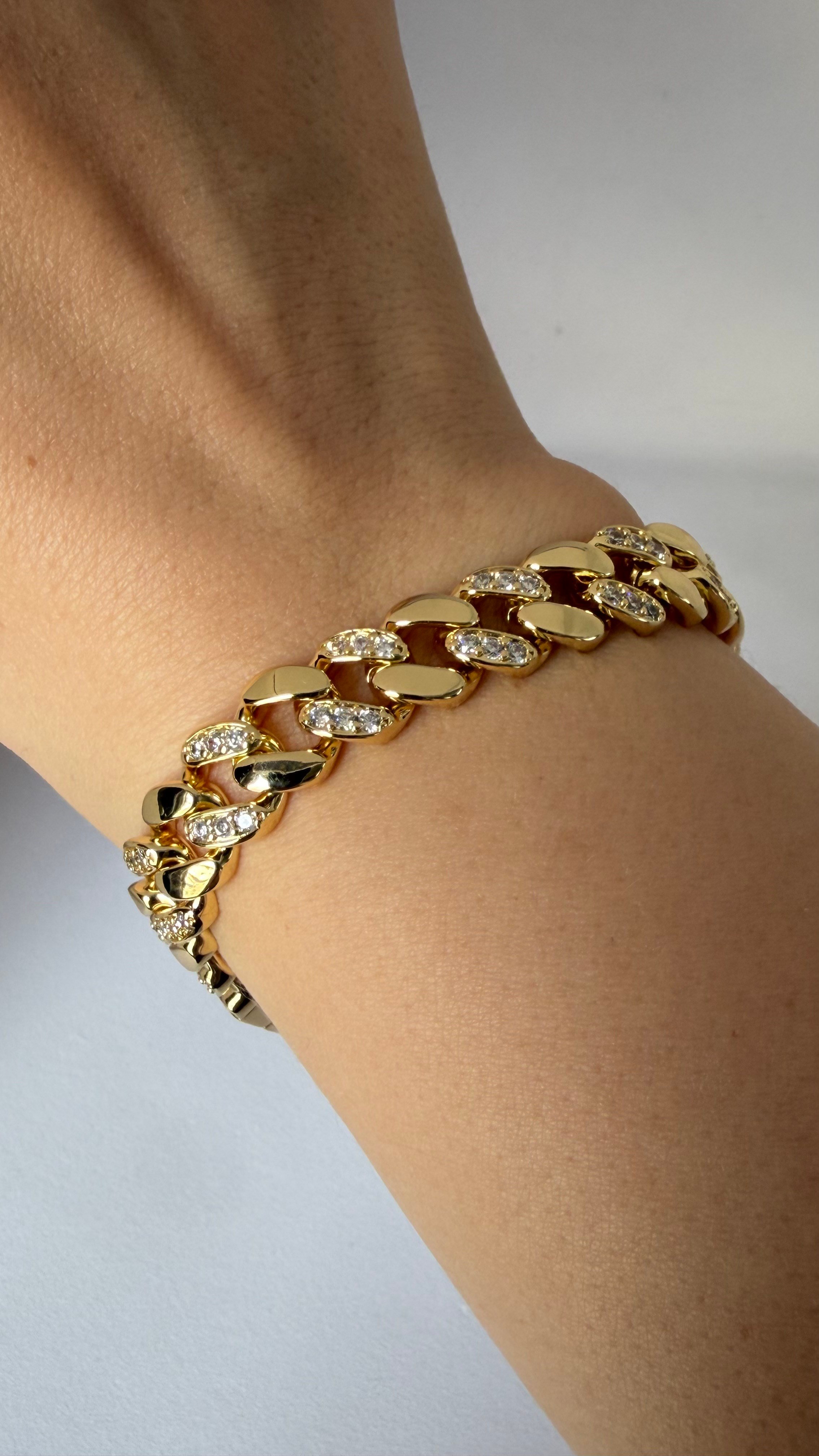 Gold Gurmet 14K Kilit Uzun full Taşlı Bileklik