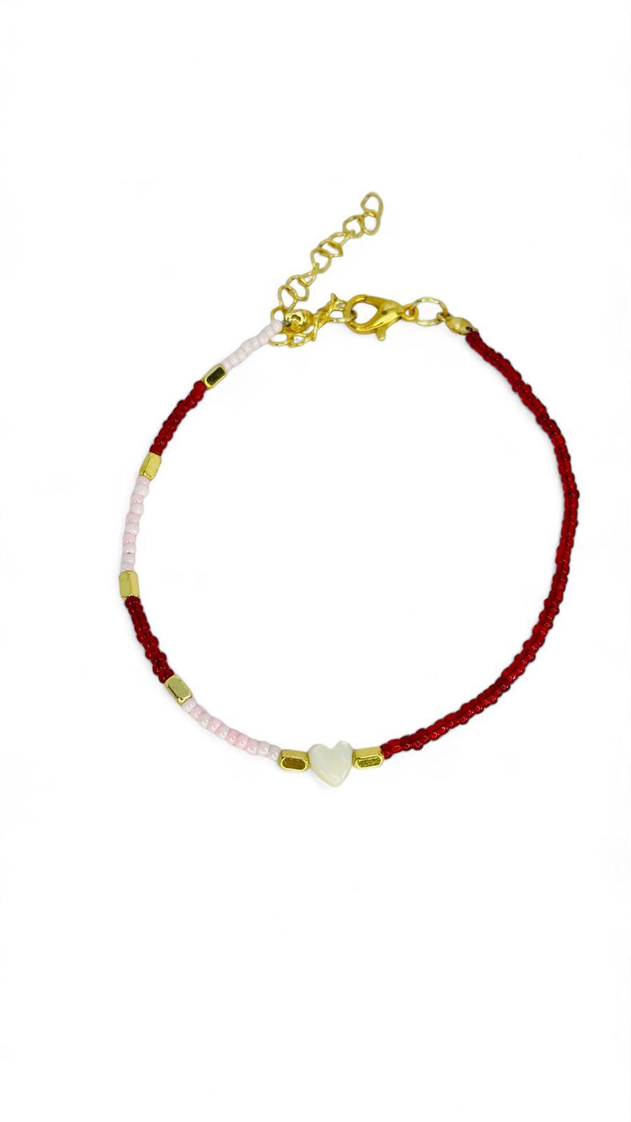 Kırmızı Kum Boncuklu Kalp Detaylı Bileklik yada Halhal