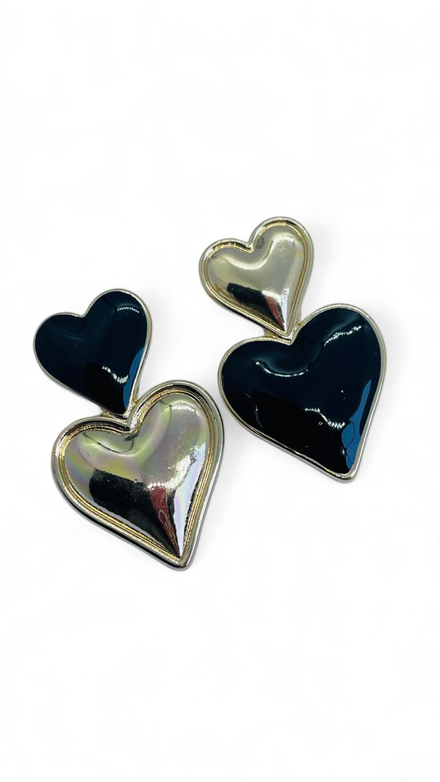 Siyah Mİneli Gold Kalp Küpe