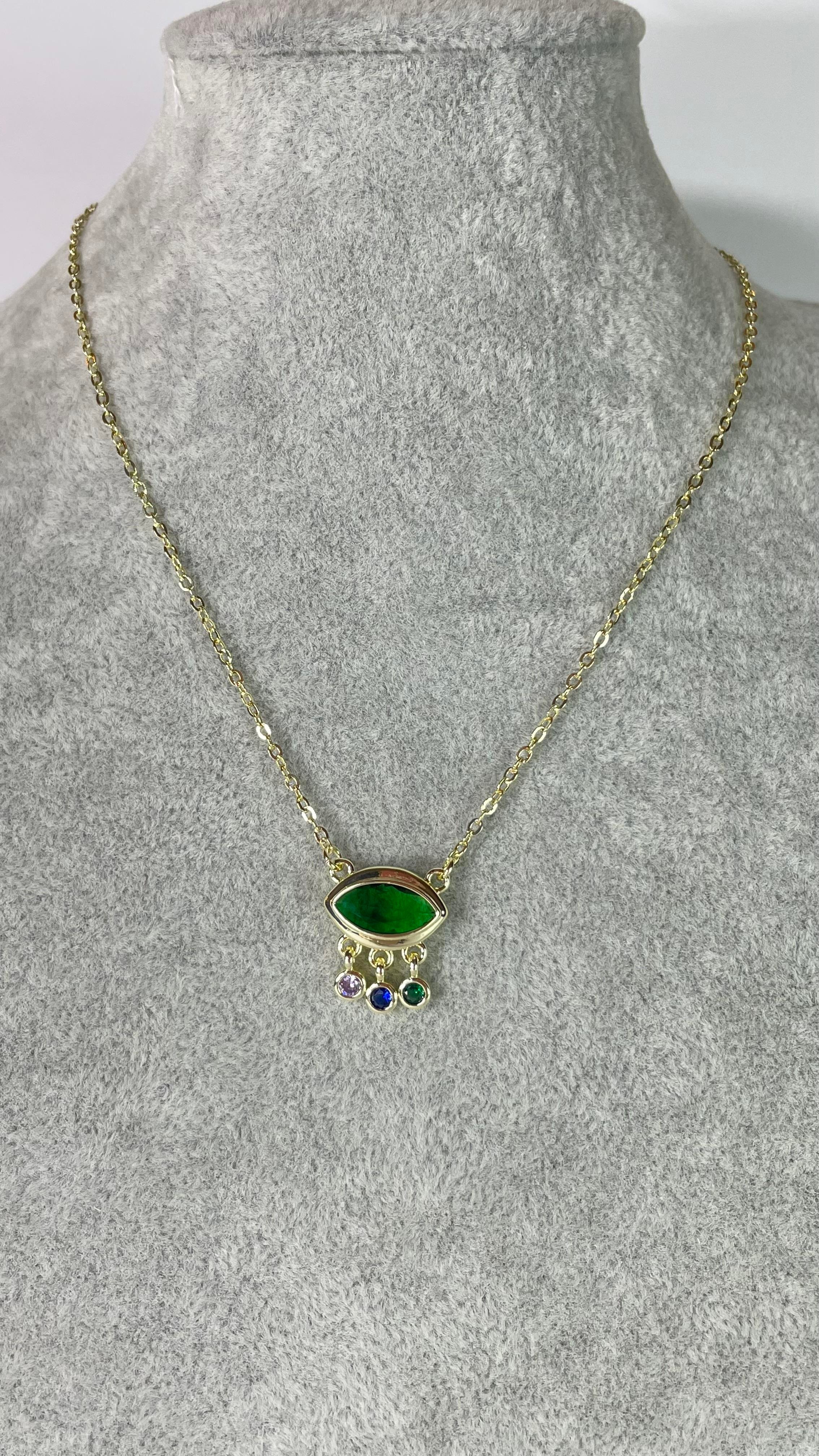 Yeşil Göz Sallantılı Gold Kolye