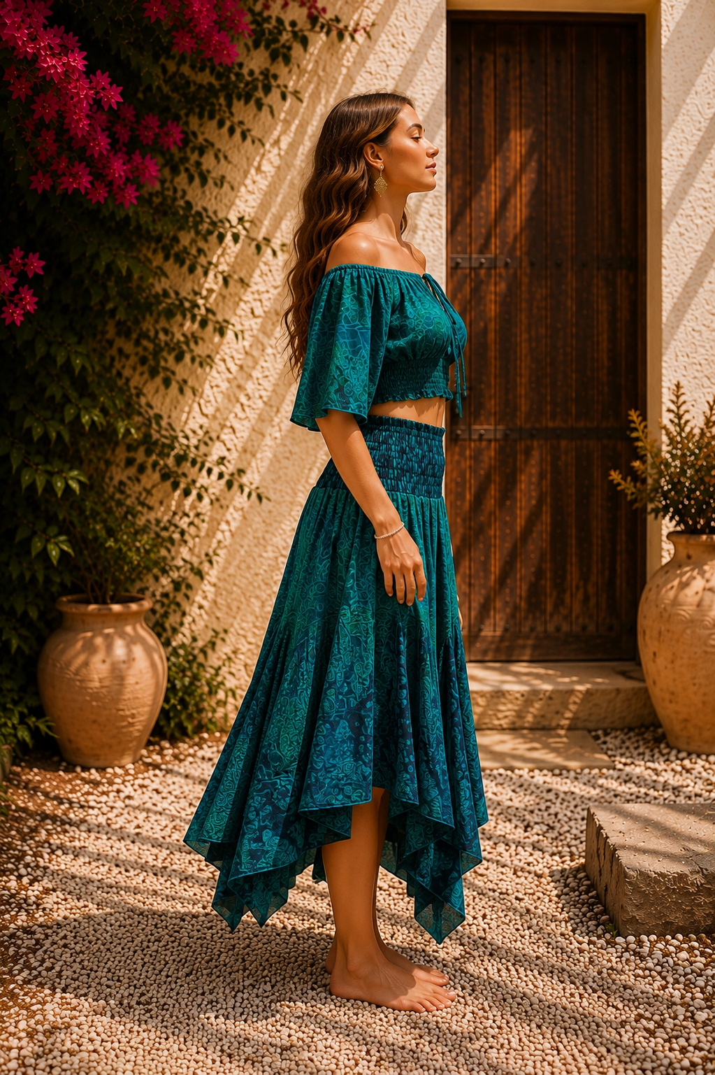 Anka Koyu Yeşil Renk Desenli Bohem Crop Bluz Ve Asimetrik Etek Takım