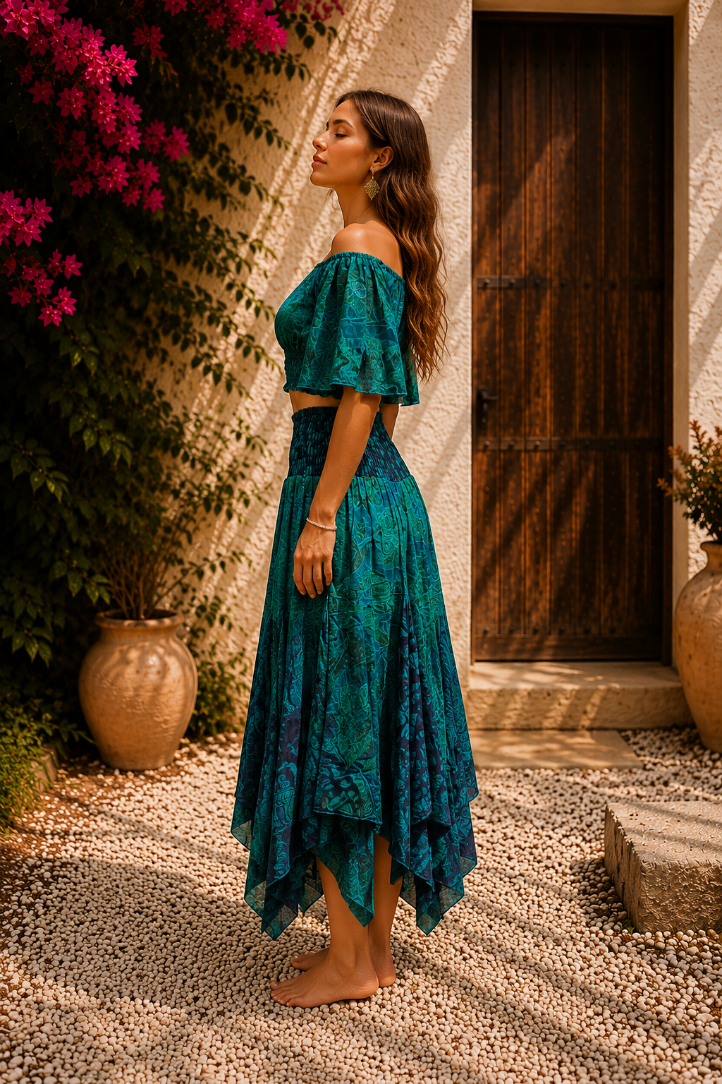 Anka Koyu Yeşil Renk Desenli Bohem Crop Bluz Ve Asimetrik Etek Takım