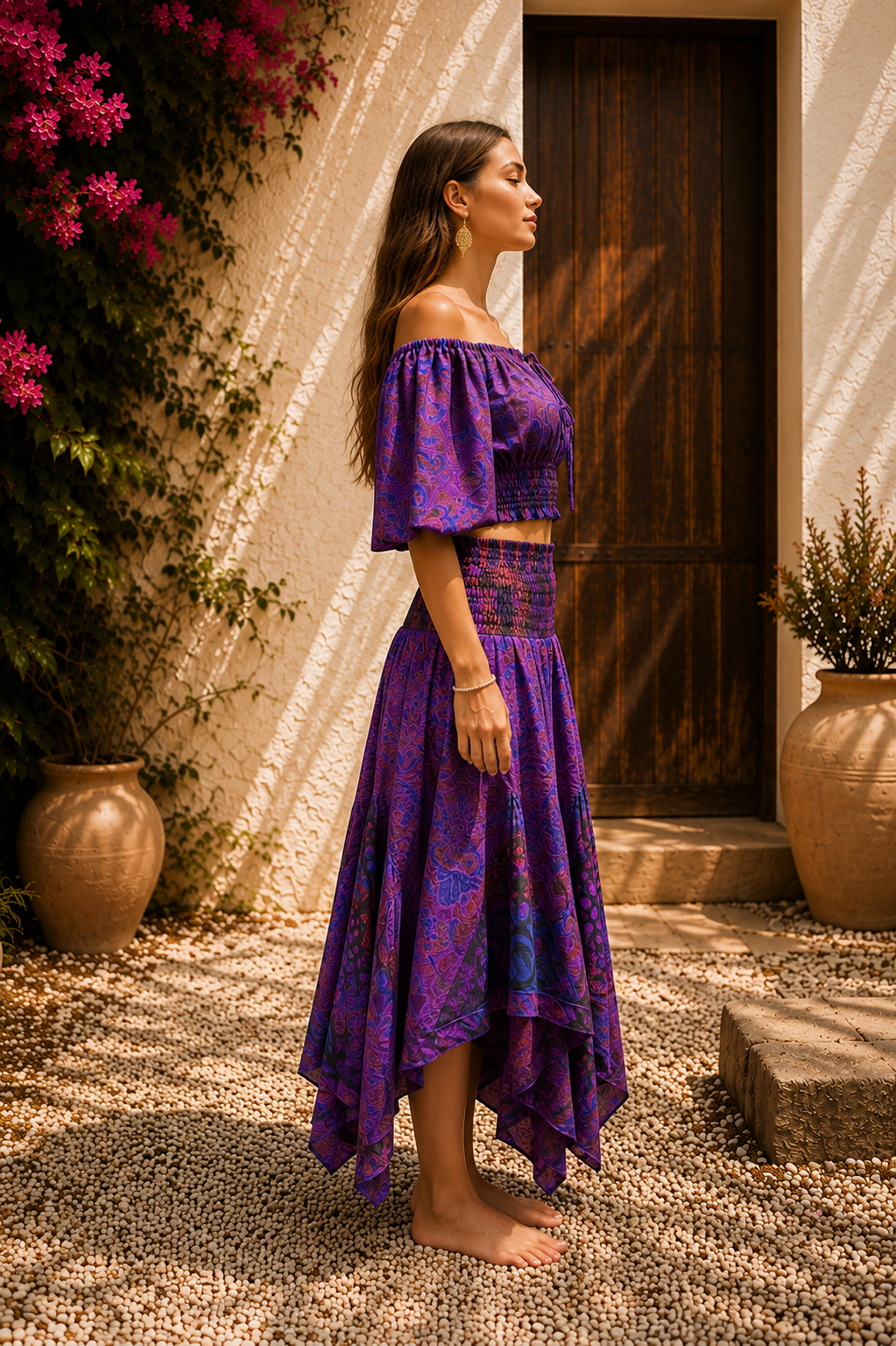 Anka Mor Renk Desenli Bohem Crop Bluz Ve Asimetrik Etek Takım