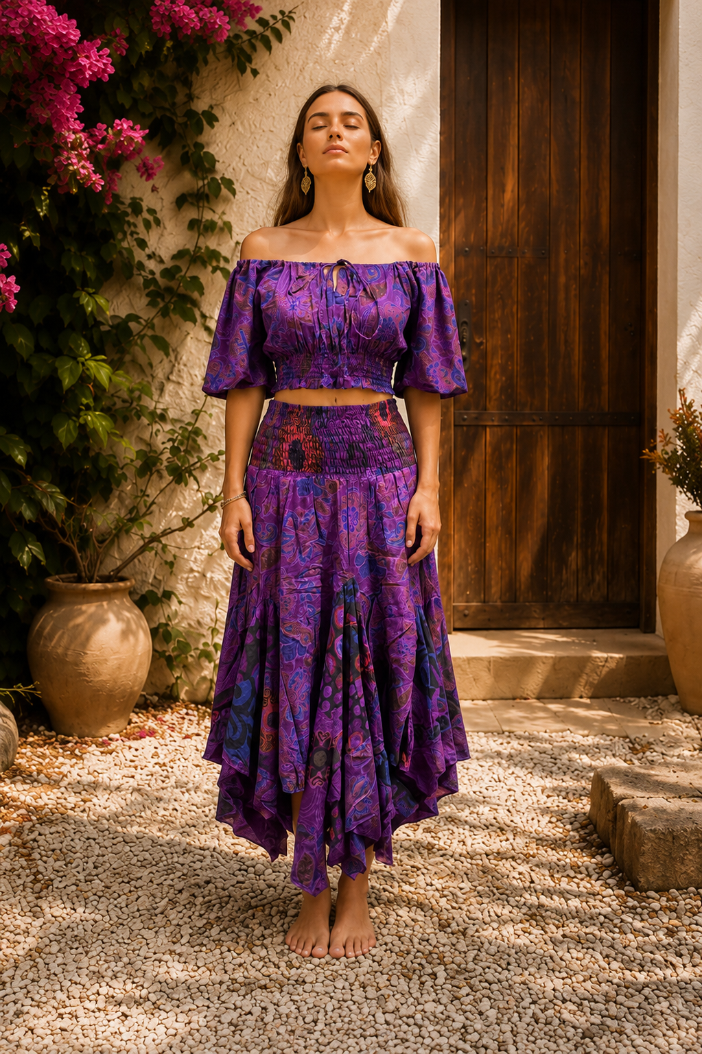 Anka Mor Renk Desenli Bohem Crop Bluz Ve Asimetrik Etek Takım