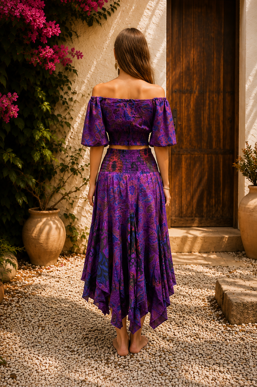 Anka Mor Renk Desenli Bohem Crop Bluz Ve Asimetrik Etek Takım