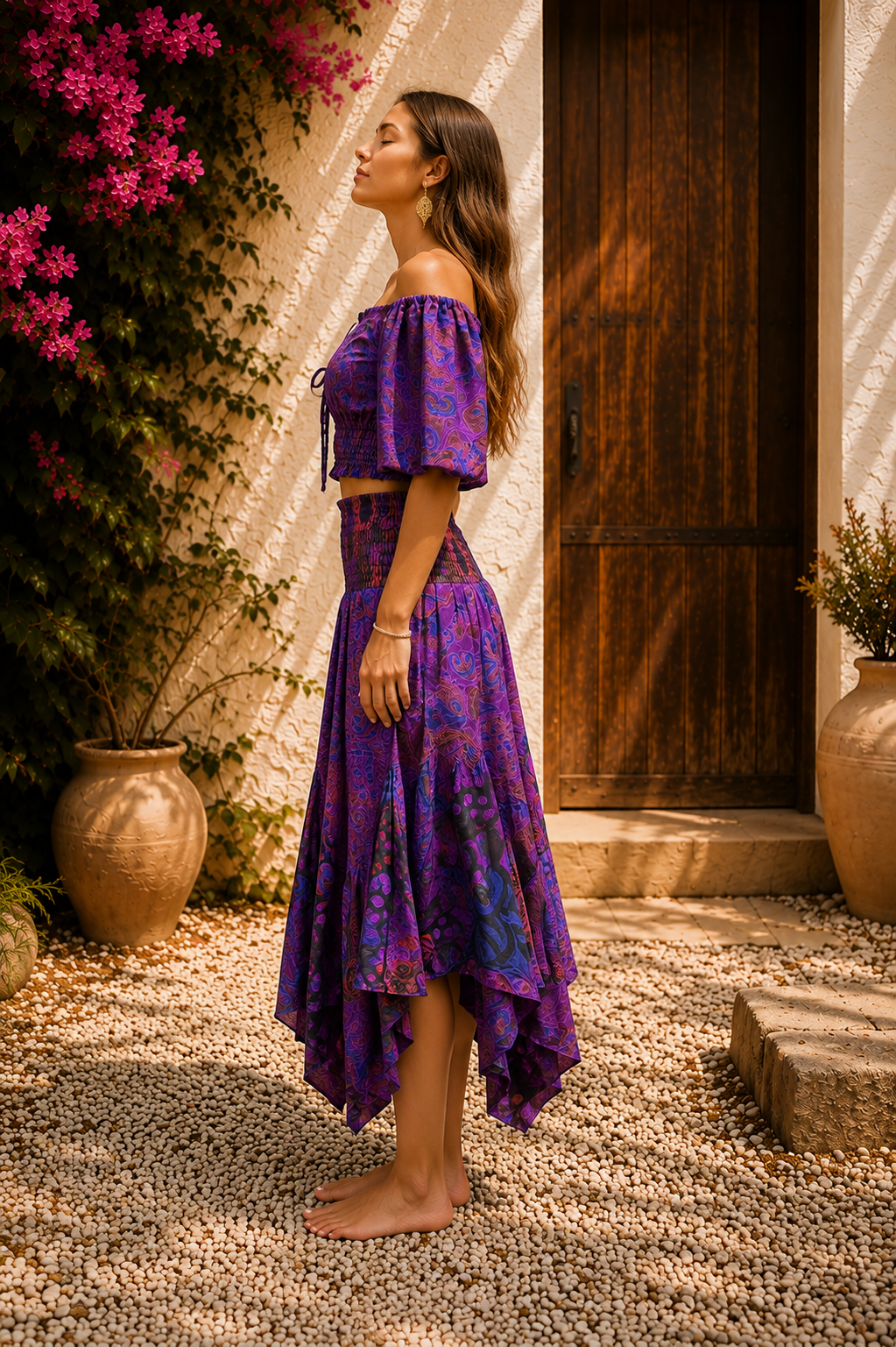Anka Mor Renk Desenli Bohem Crop Bluz Ve Asimetrik Etek Takım