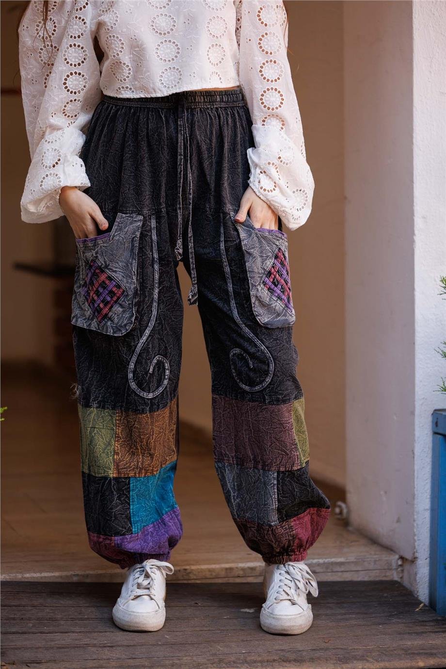 Antrasit Renk Cep Detaylı Patchwork Bohem Pantolon