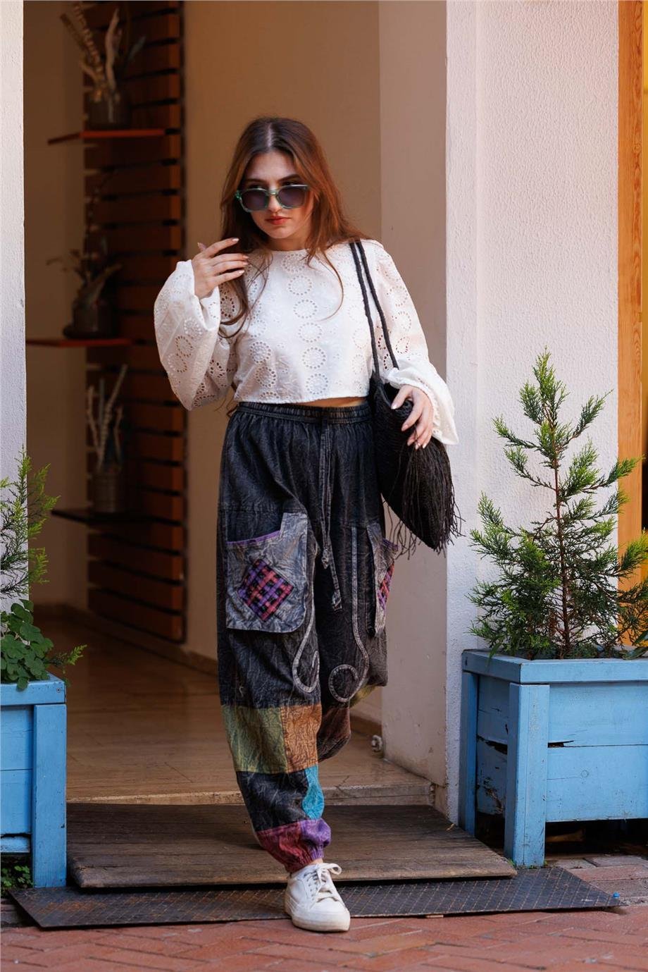 Antrasit Renk Cep Detaylı Patchwork Bohem Pantolon