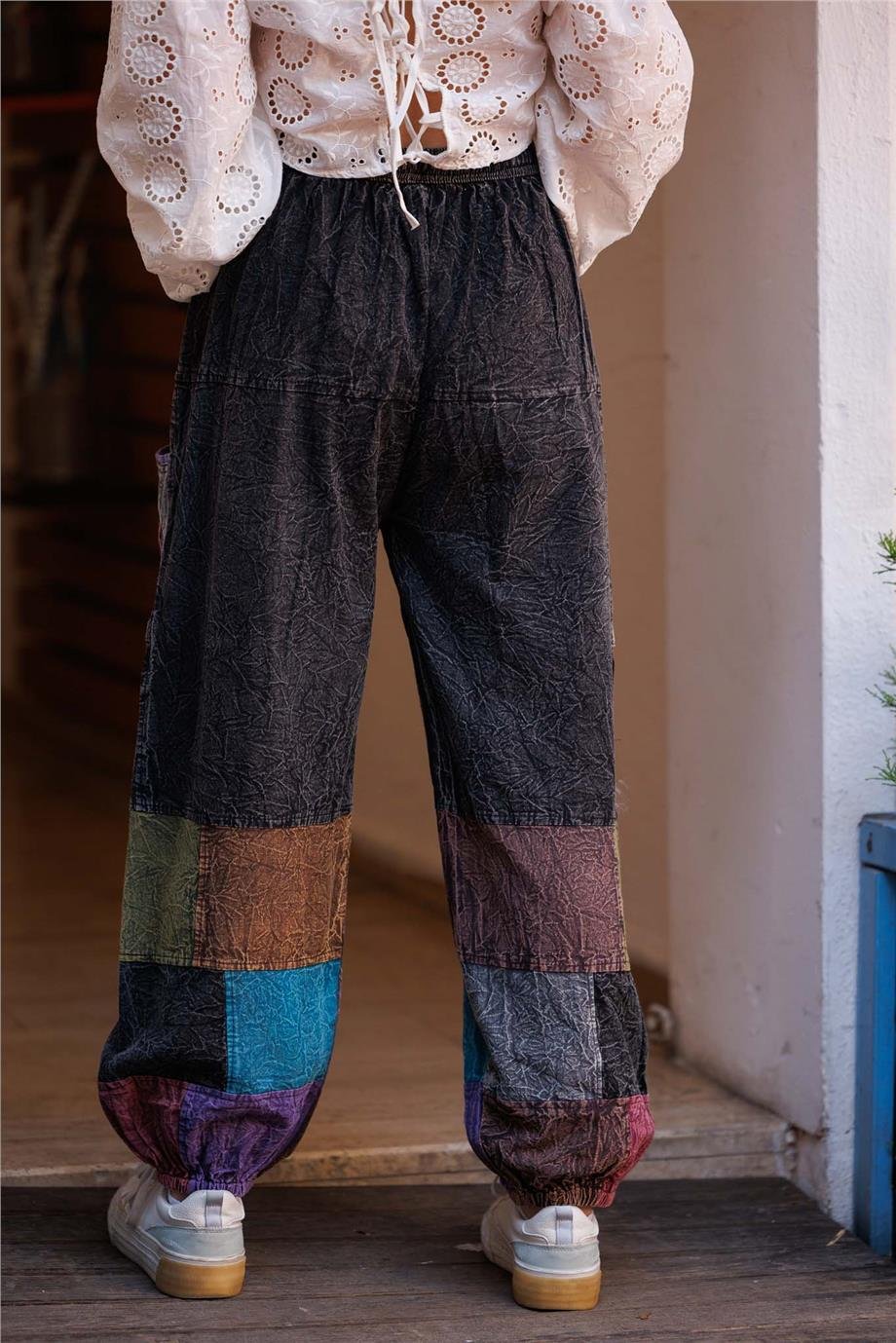Antrasit Renk Cep Detaylı Patchwork Bohem Pantolon