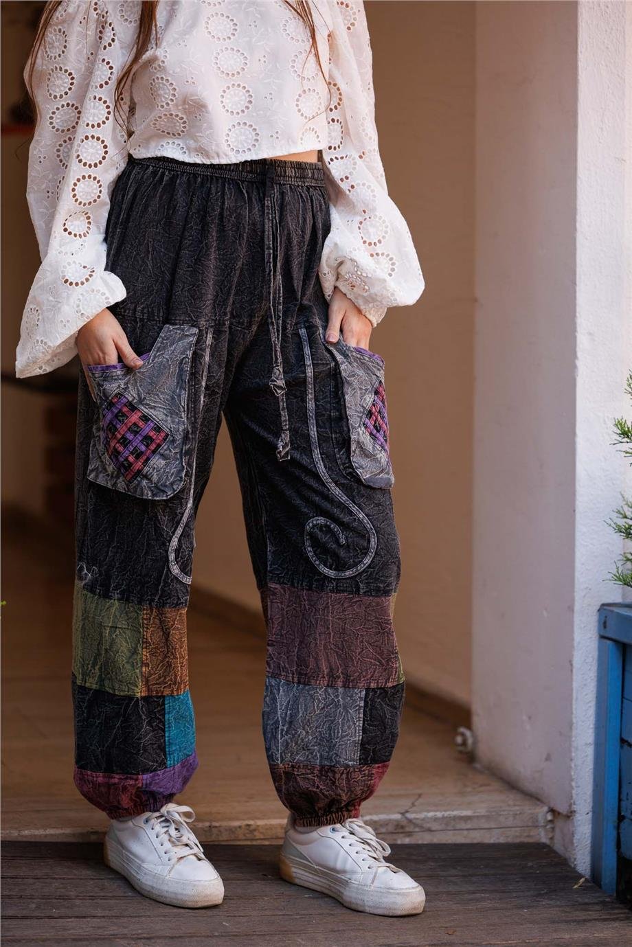 Antrasit Renk Cep Detaylı Patchwork Bohem Pantolon